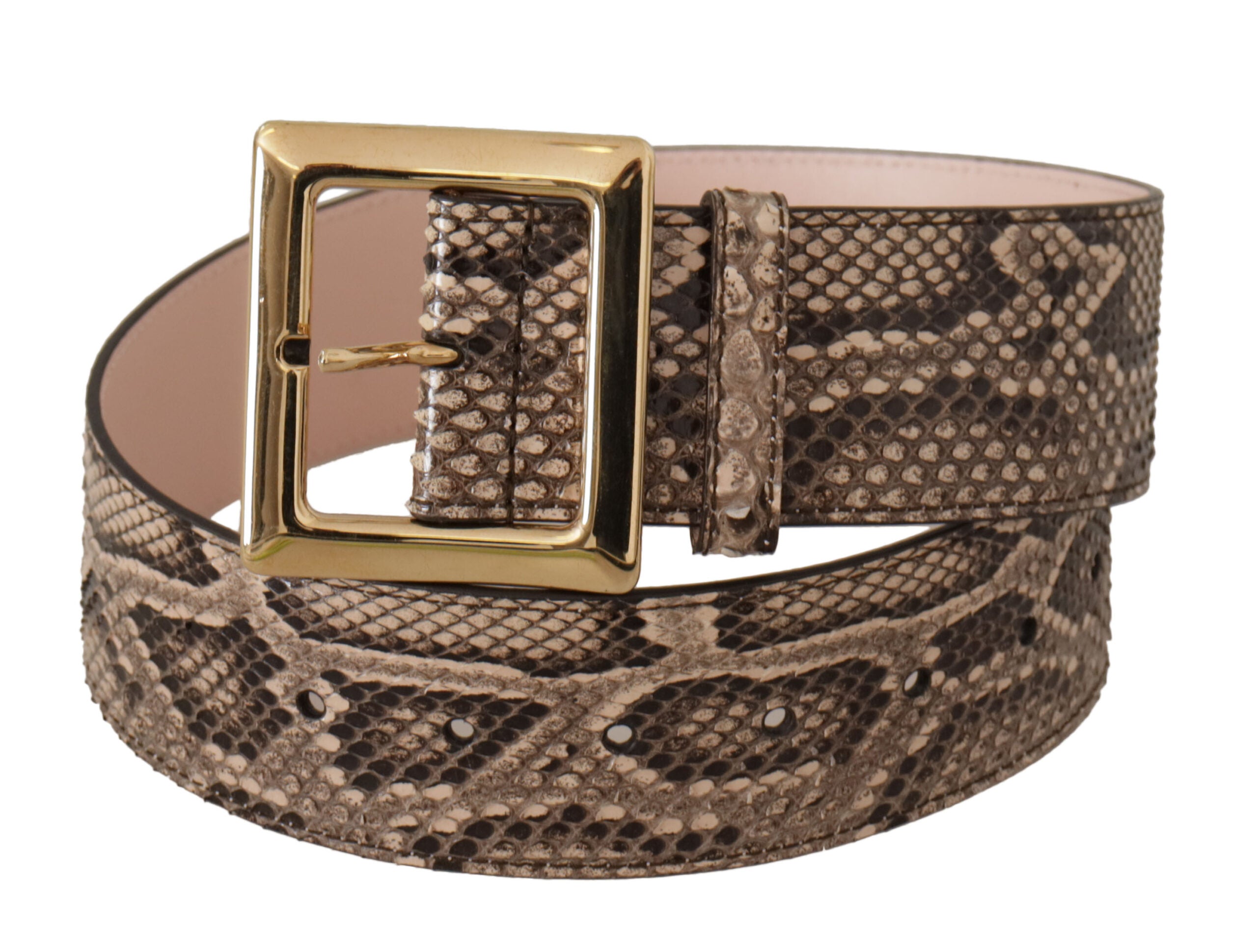 Dolce & Gabbana Beige Leather Exotic Wide Gold Metal Buckle Belt