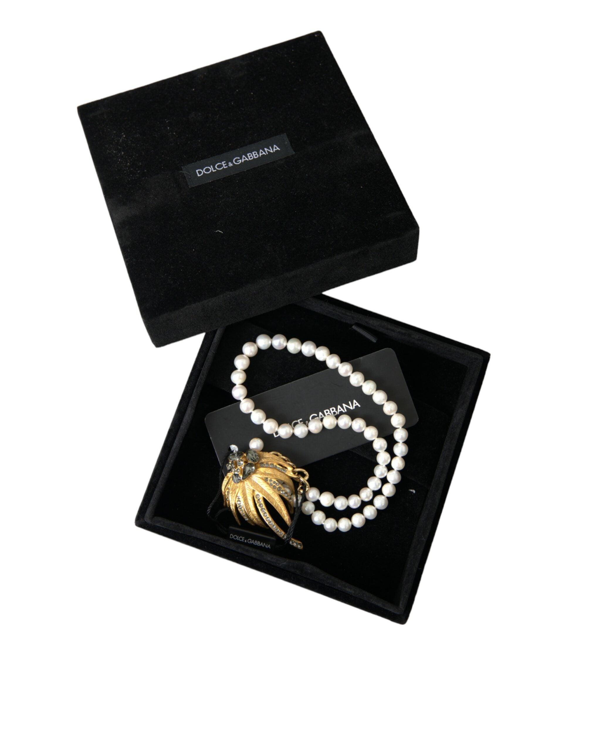 Dolce & Gabbana Brass Crystal Pearl Tree Pendant Charm Gold Necklace