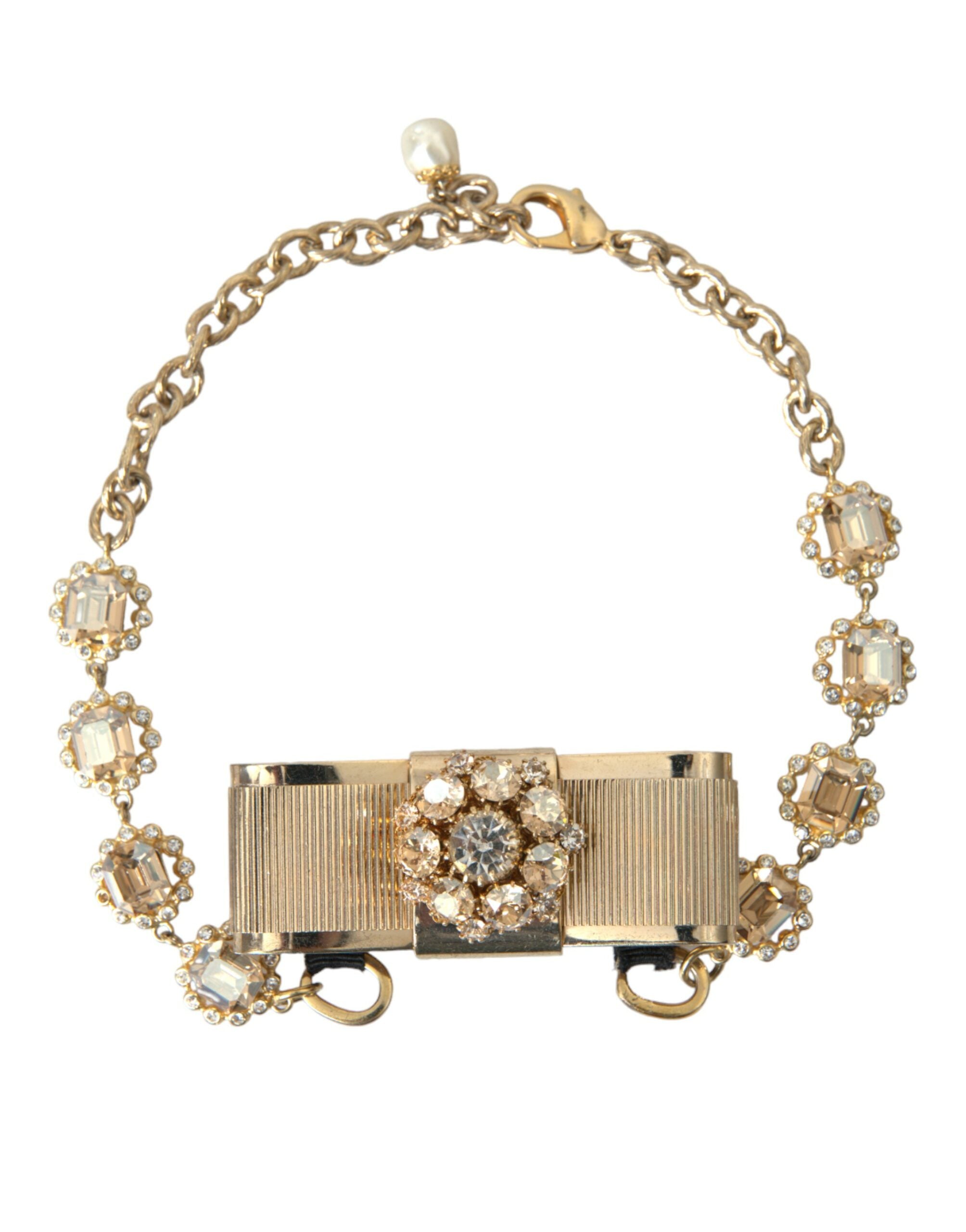 Dolce & Gabbana Brass Crystal Bow Chain Choker Gold Clear Necklace