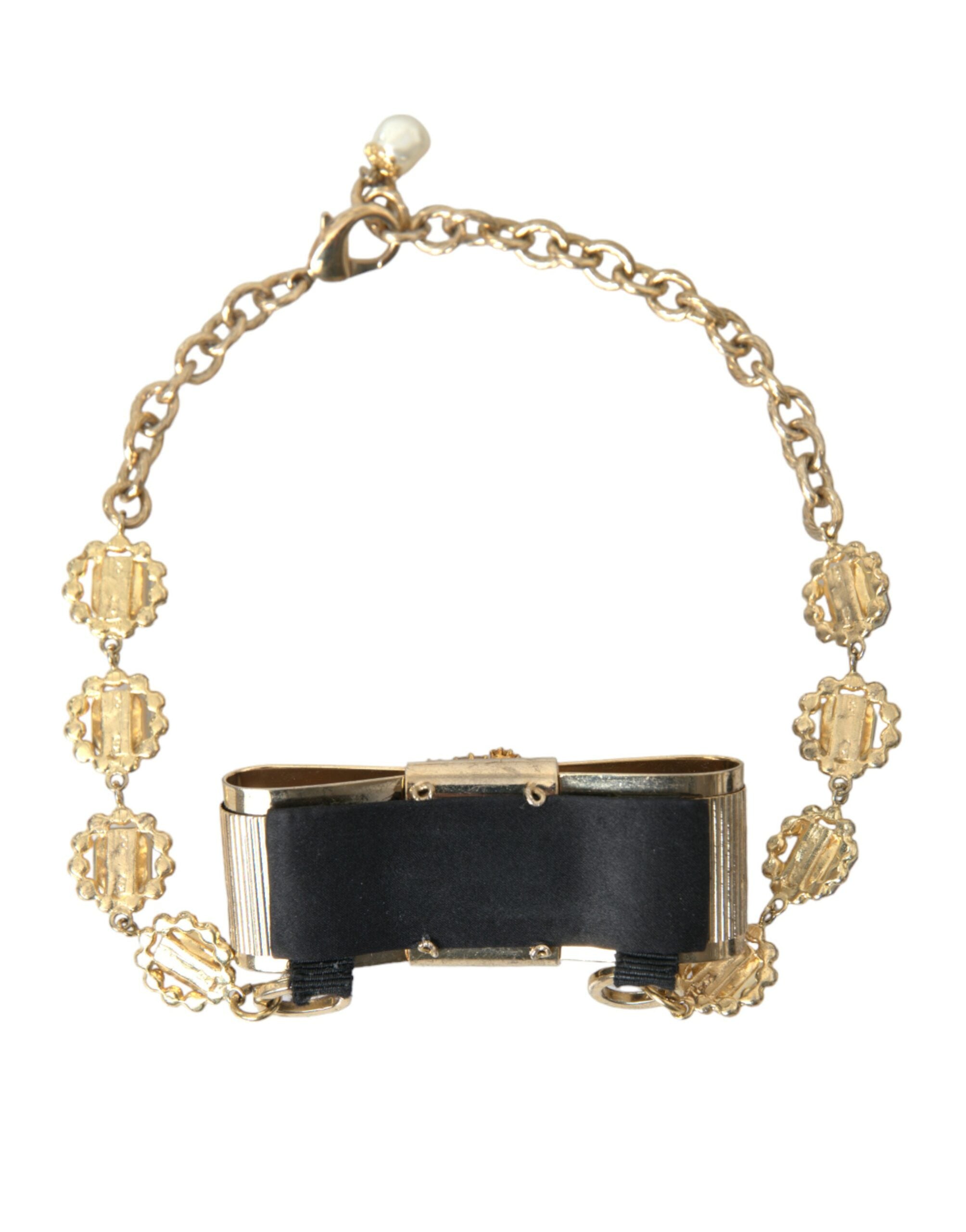 Dolce & Gabbana Brass Crystal Bow Chain Choker Gold Clear Necklace