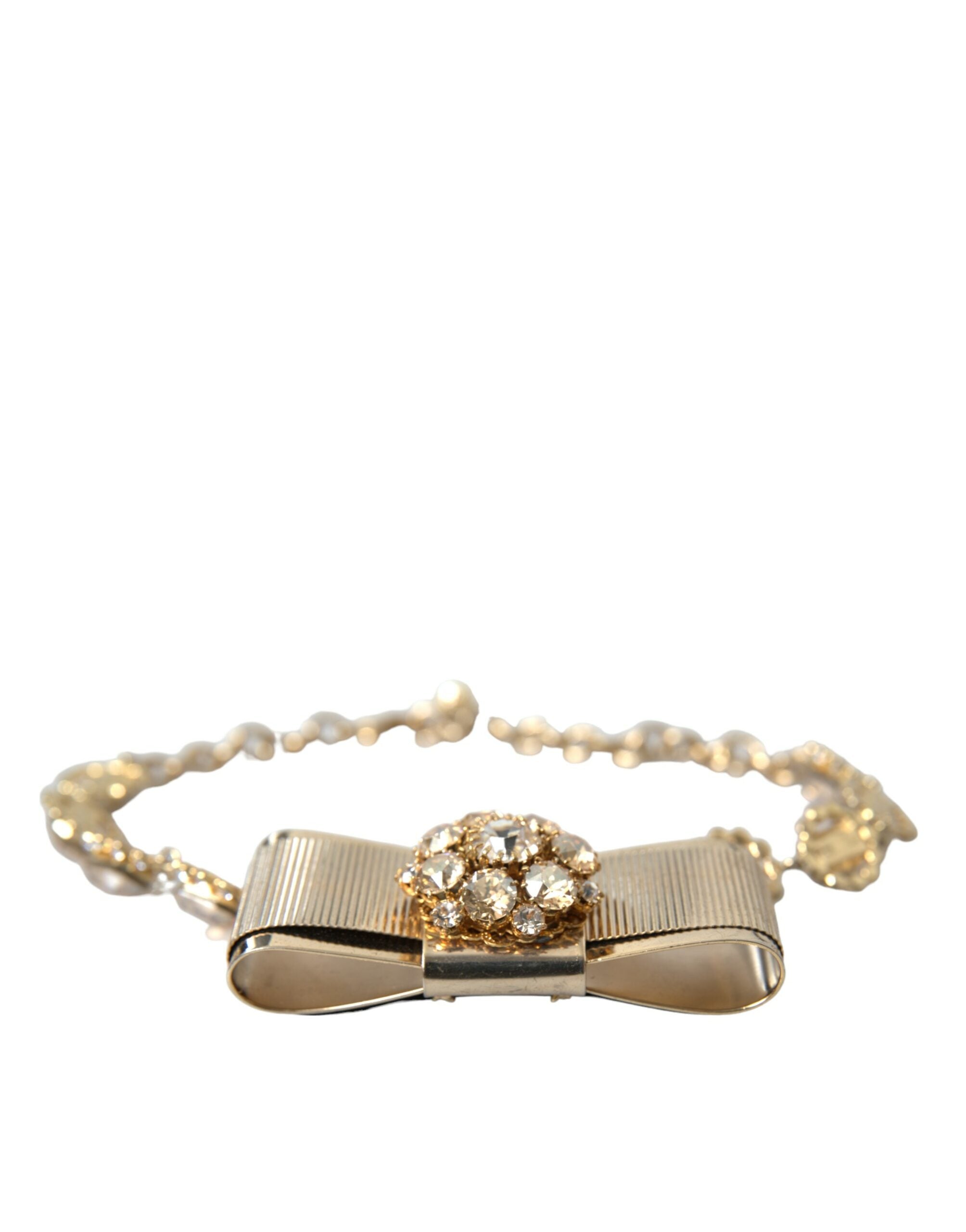 Dolce & Gabbana Brass Crystal Bow Chain Choker Gold Clear Necklace