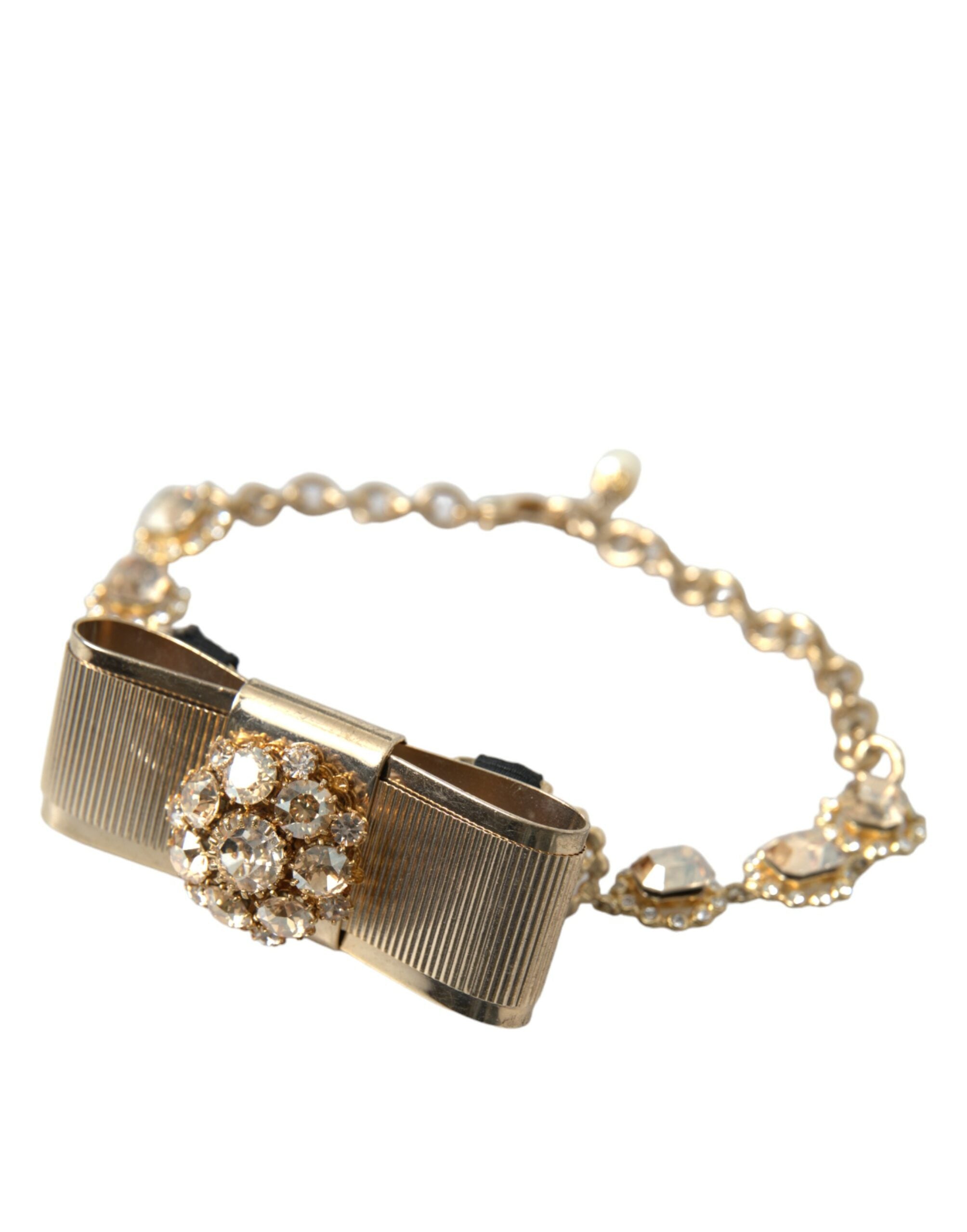 Dolce & Gabbana Brass Crystal Bow Chain Choker Gold Clear Necklace