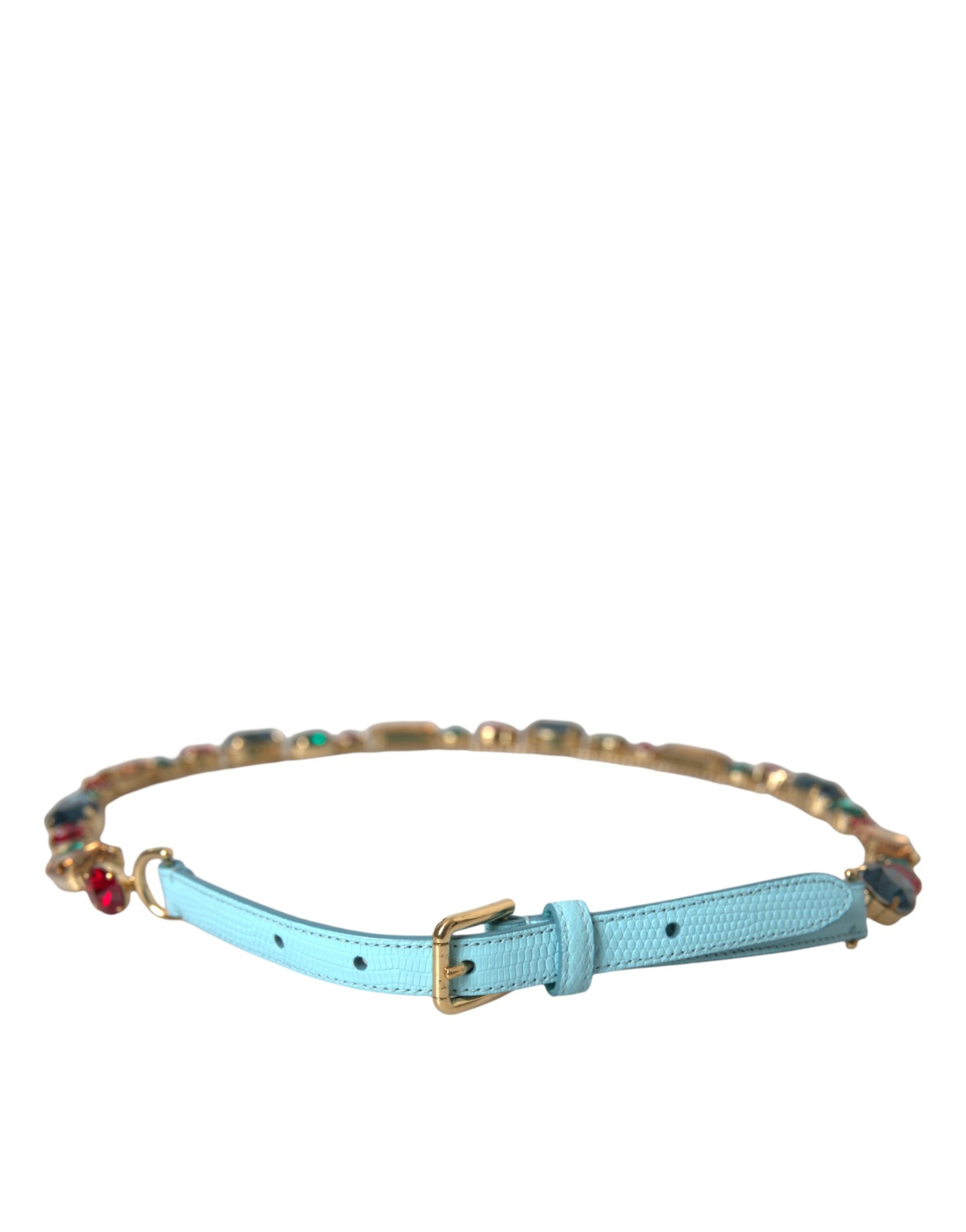 Dolce & Gabbana Light Leather Crystal Chain Waist Blue Belt
