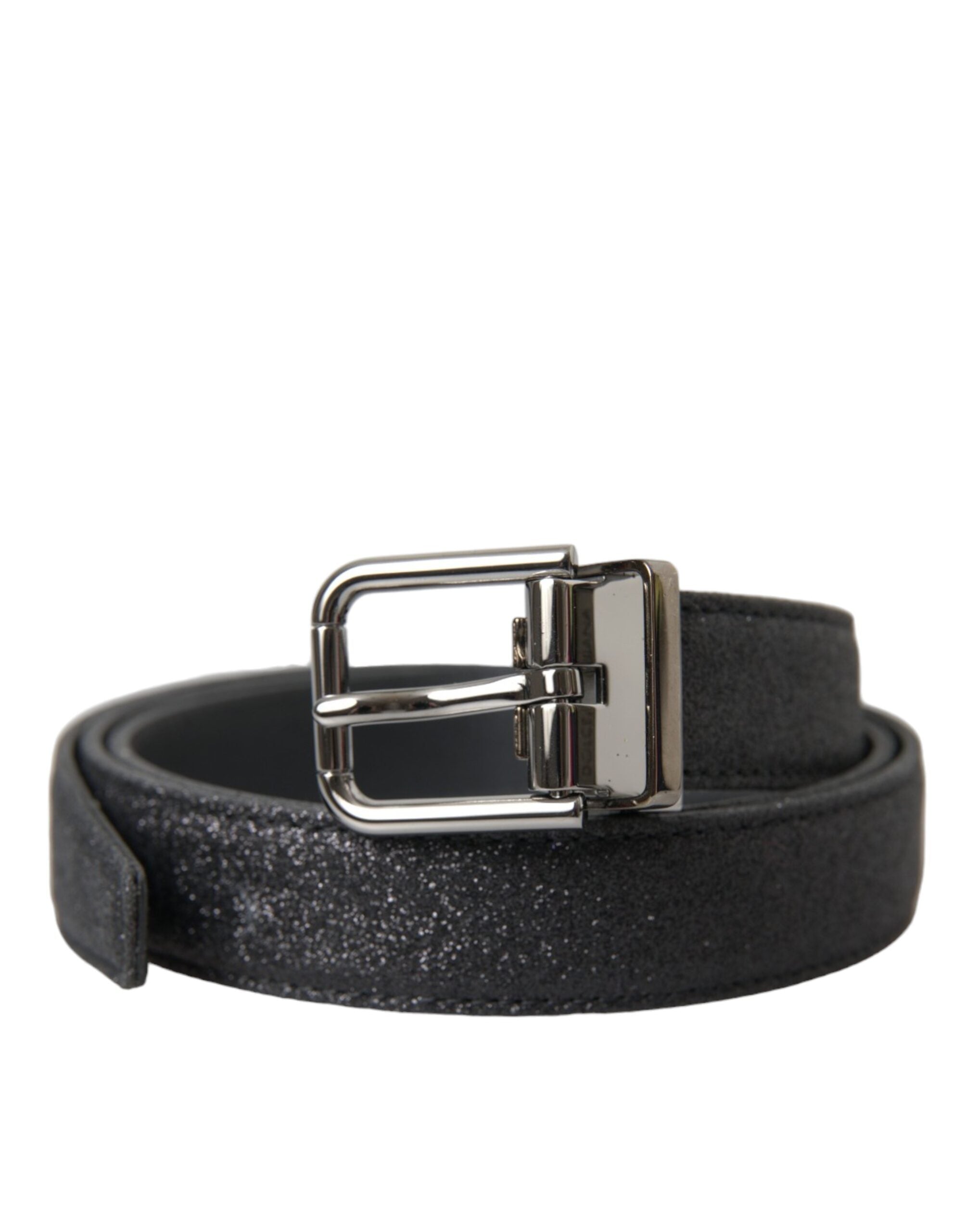 Dolce & Gabbana Black Leather Glittered Silver Buckle Belt