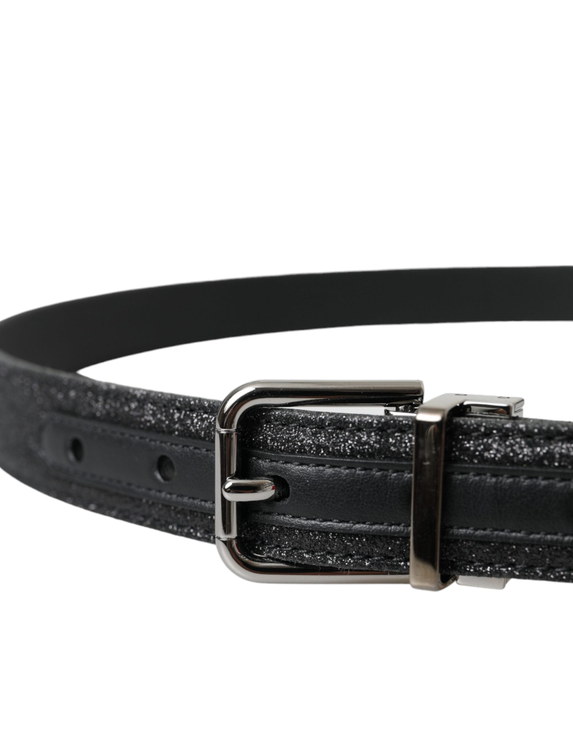 Dolce & Gabbana Black Leather Glittered Silver Buckle Belt