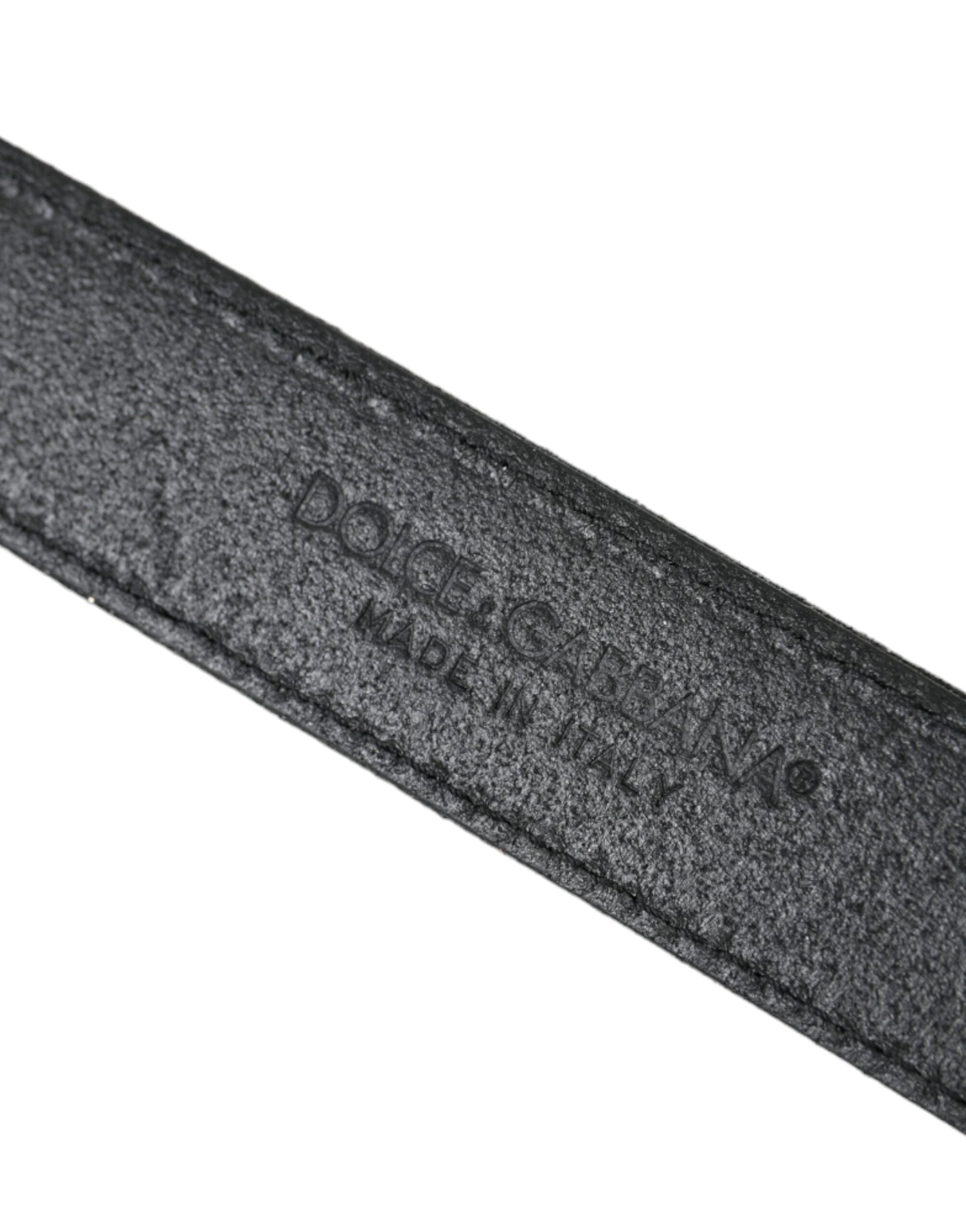 Dolce & Gabbana Black Leather Glittered Silver Buckle Belt