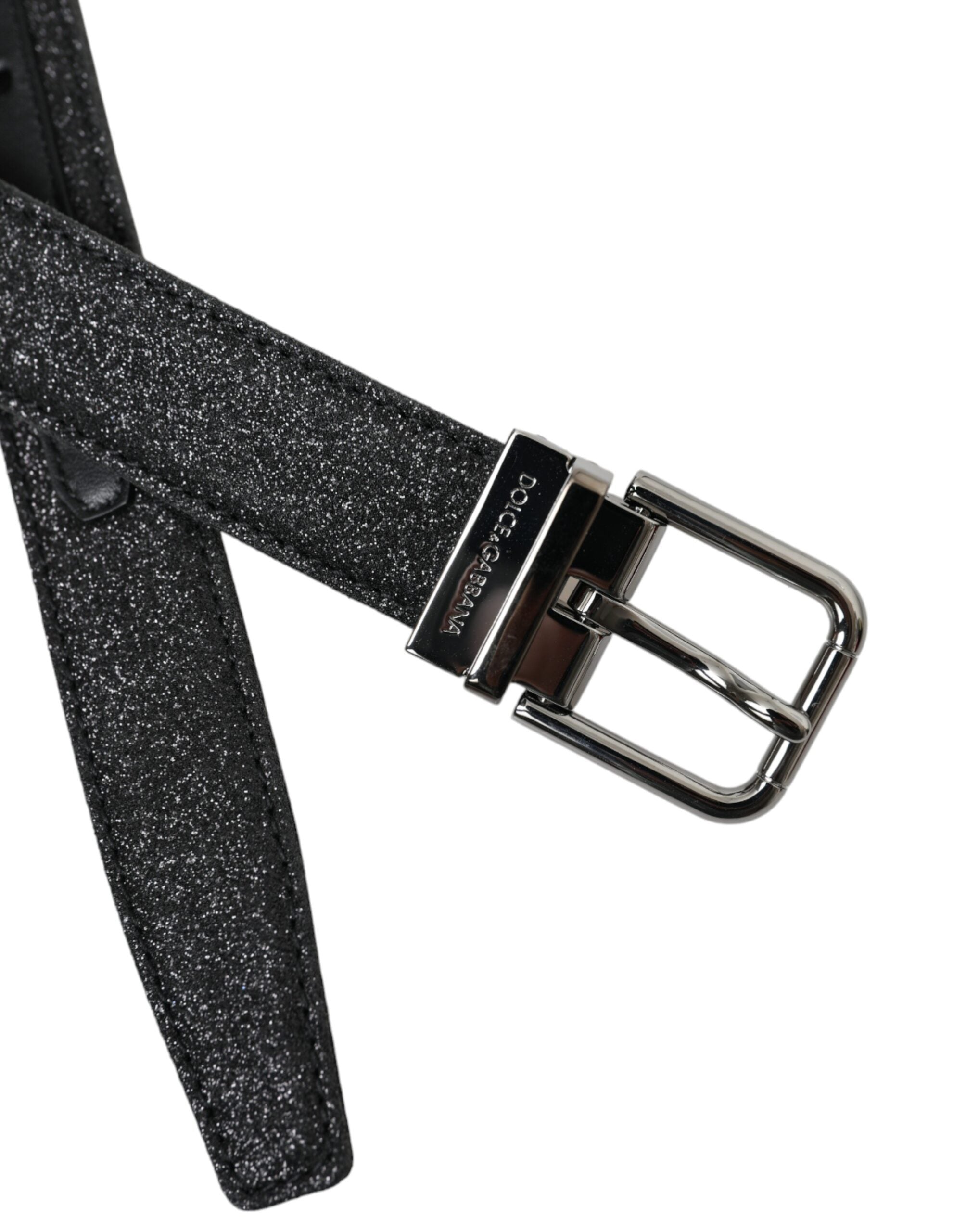 Dolce & Gabbana Black Leather Glittered Silver Buckle Belt