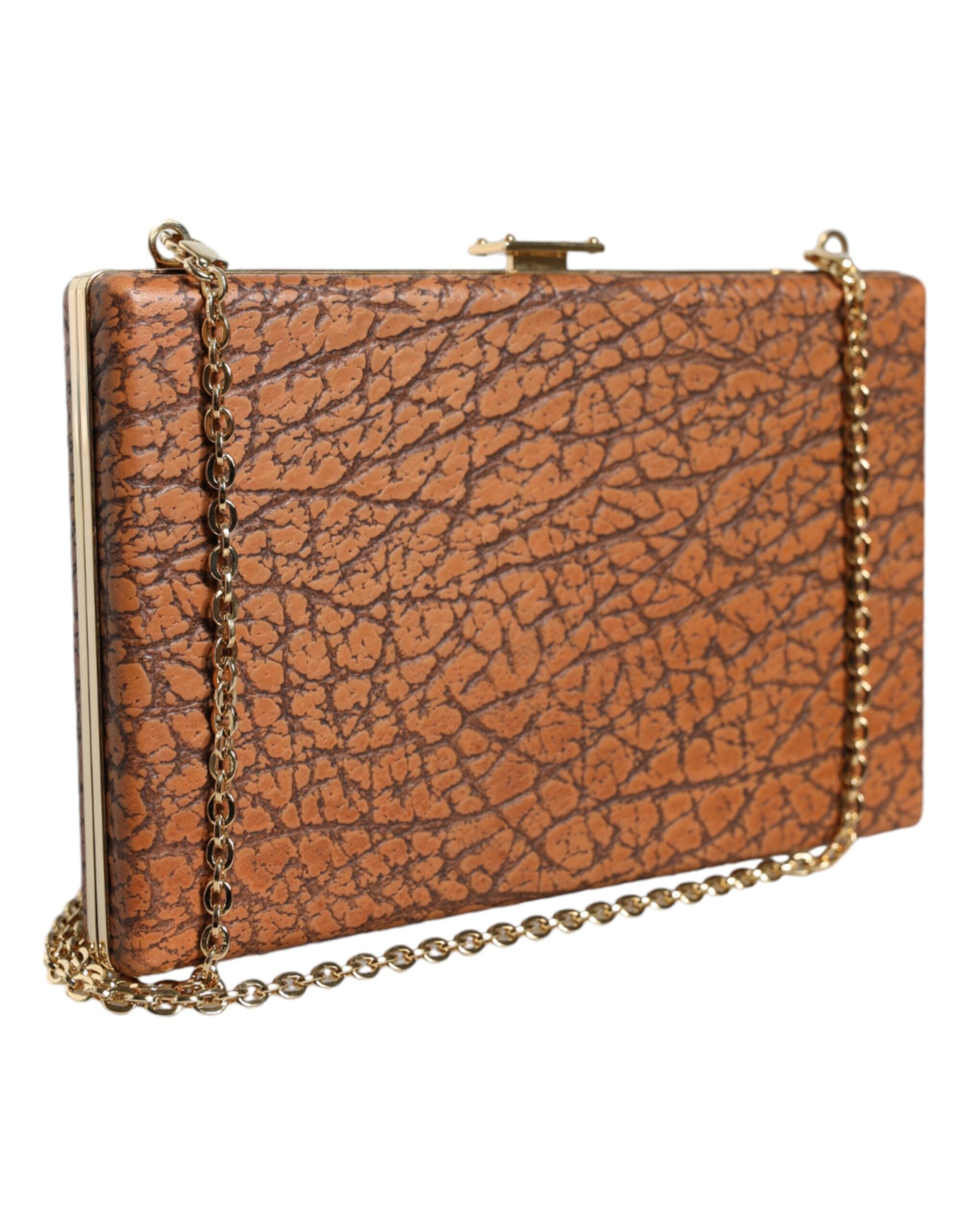 Dolce & Gabbana Leather Frame Clutch Mini Crossbody Brown Gold Bag
