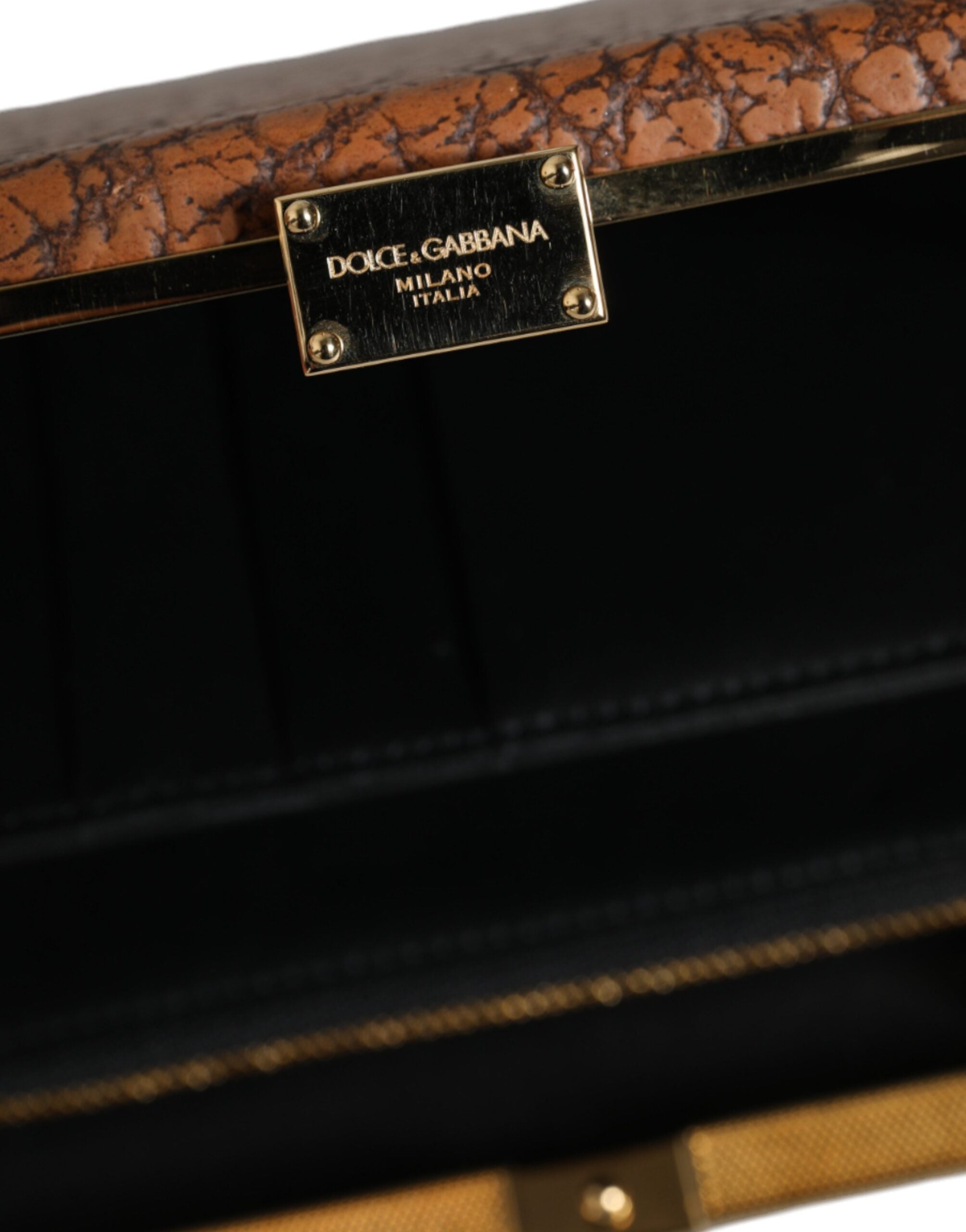 Dolce & Gabbana Leather Frame Clutch Mini Crossbody Brown Gold Bag