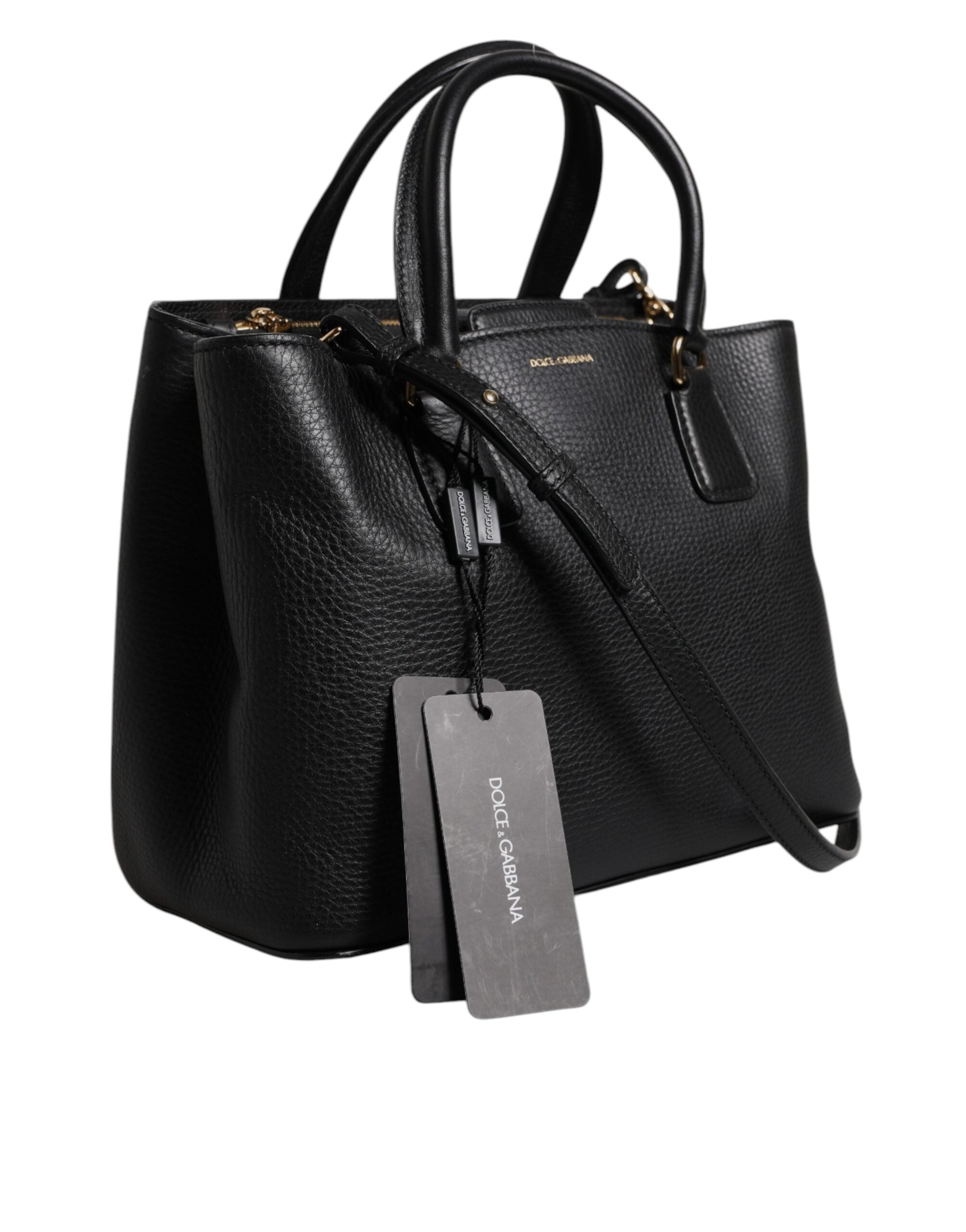 Dolce & Gabbana Black Leather Calf Logo Plaque Shoulder Handbag Bag