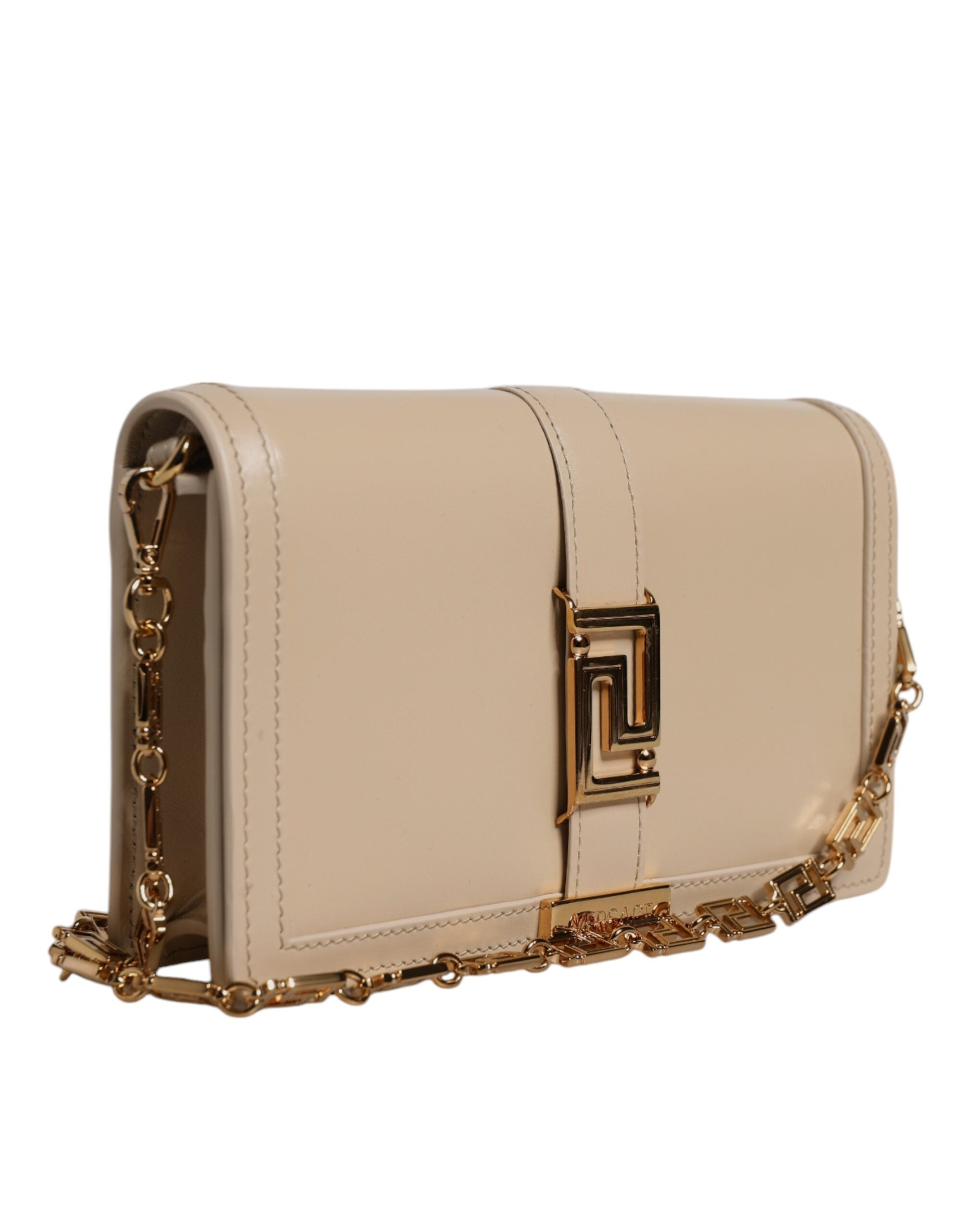 Versace Beige Leather Gold Chain Calf Wallet Crossbody Bag