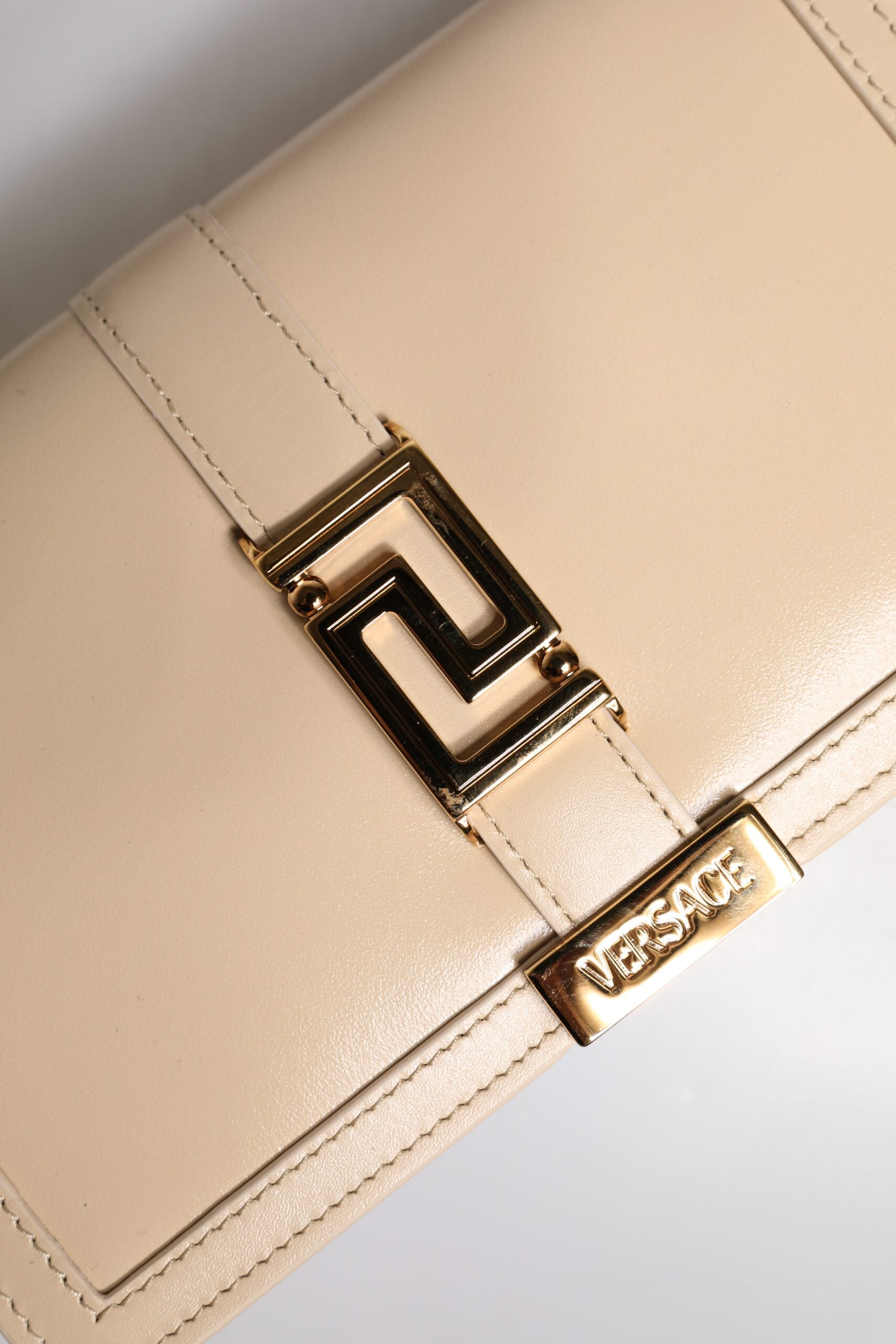 Versace Beige Leather Gold Chain Calf Wallet Crossbody Bag