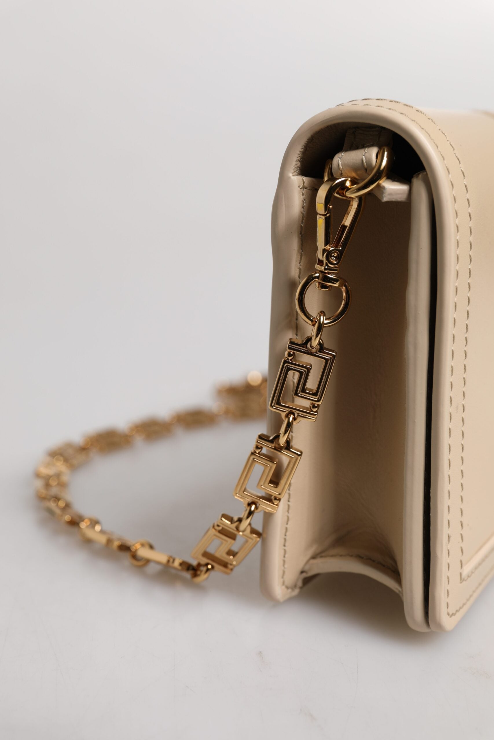 Versace Beige Leather Gold Chain Calf Wallet Crossbody Bag