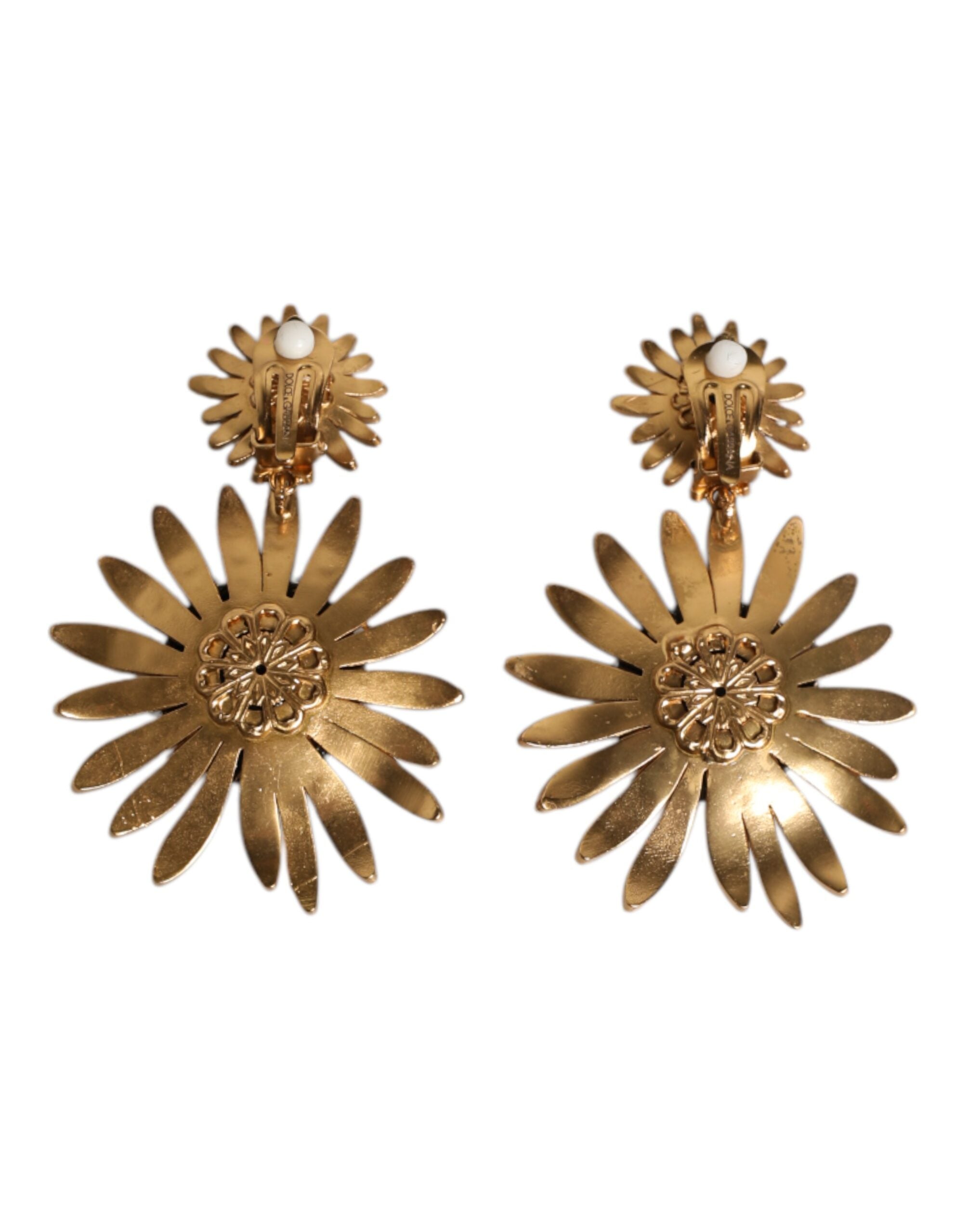 Dolce & Gabbana Gold Tone Brass Sunflower Crystal Clip Dangling Earrings