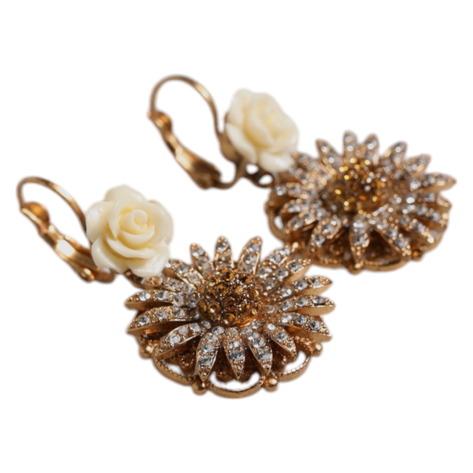 Dolce & Gabbana White Floral Clear Crystal Brass Dangling Jewelry Earrings