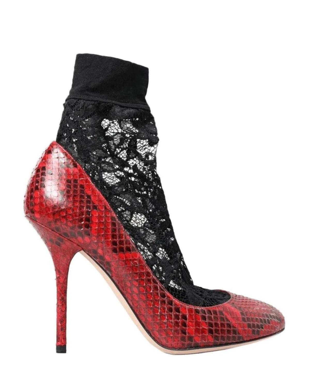 Dolce & Gabbana Snakeskin Almond Toe Pumps With Red Lace Socks Heels