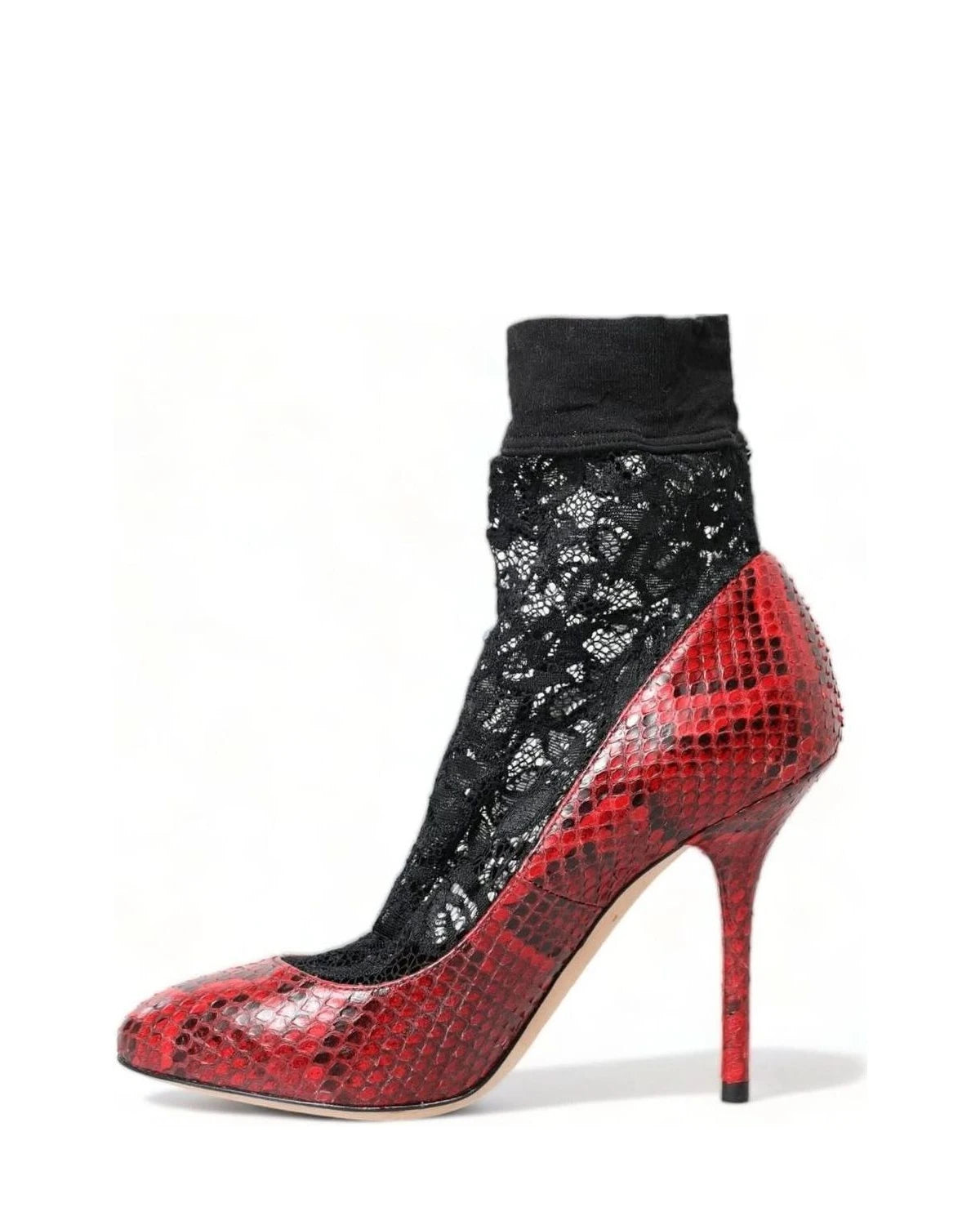 Dolce & Gabbana Snakeskin Almond Toe Pumps With Red Lace Socks Heels