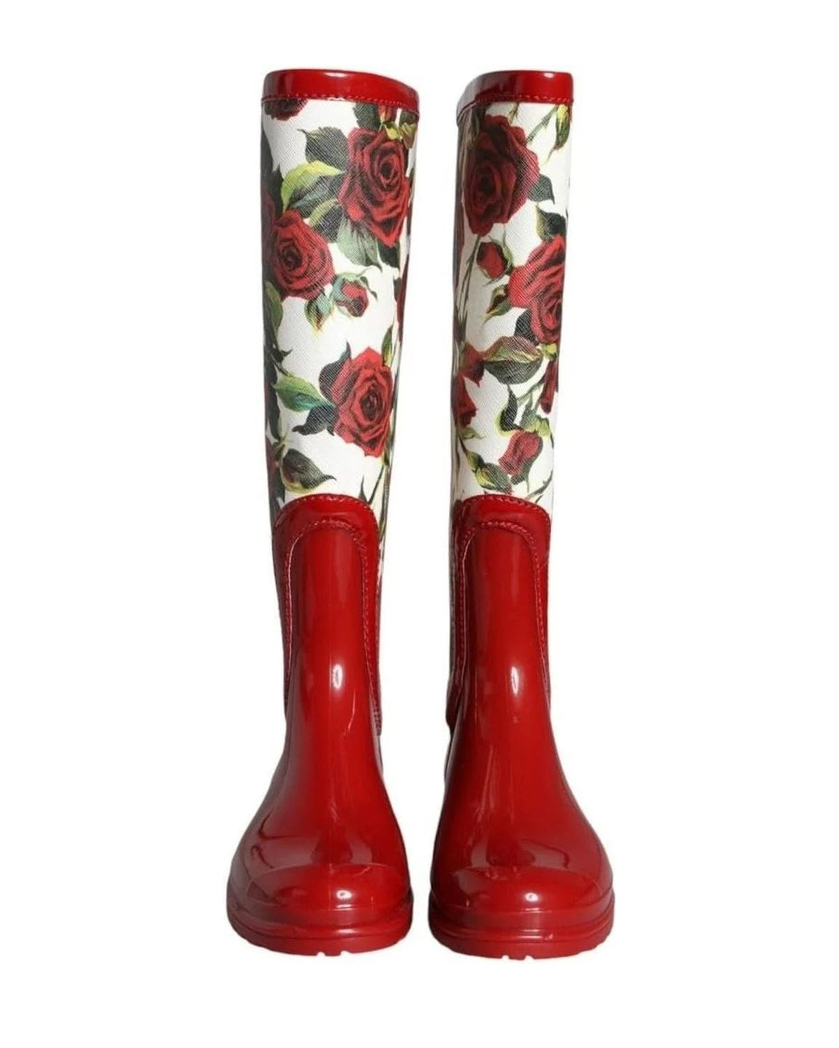 Dolce & Gabbana Red Floral Rubber Knee High Flat Boots Shoes Boots
