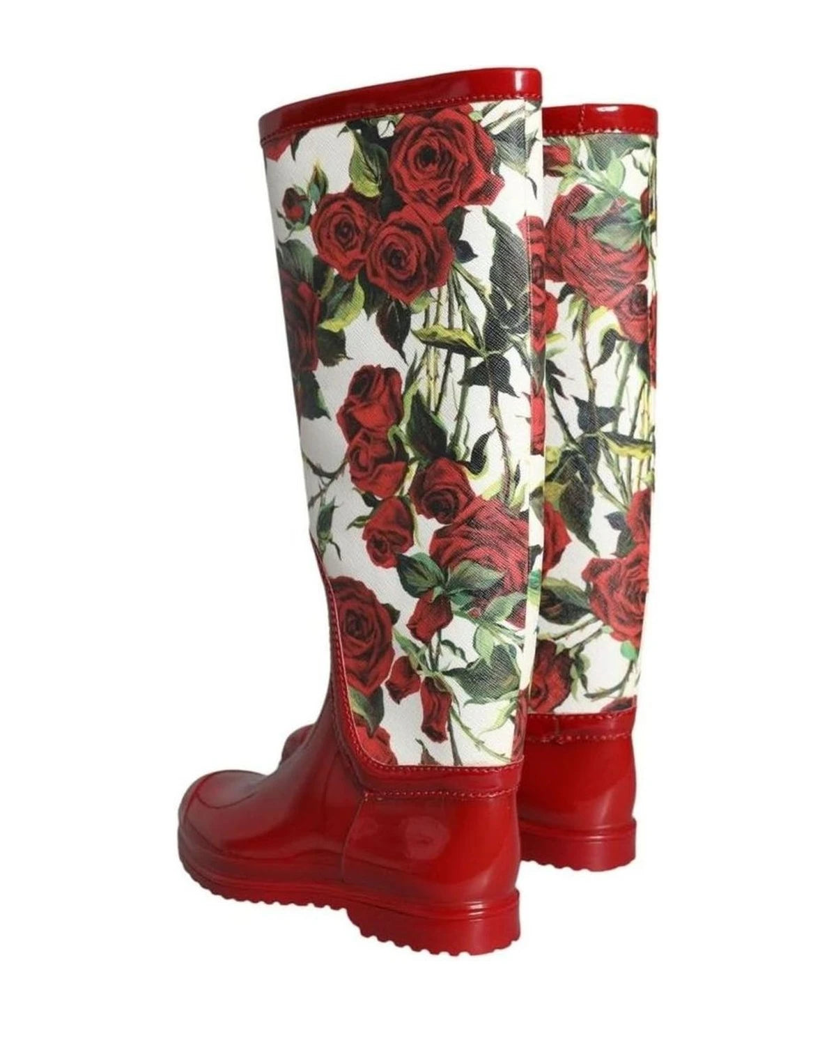 Dolce & Gabbana Red Floral Rubber Knee High Flat Boots Shoes Boots