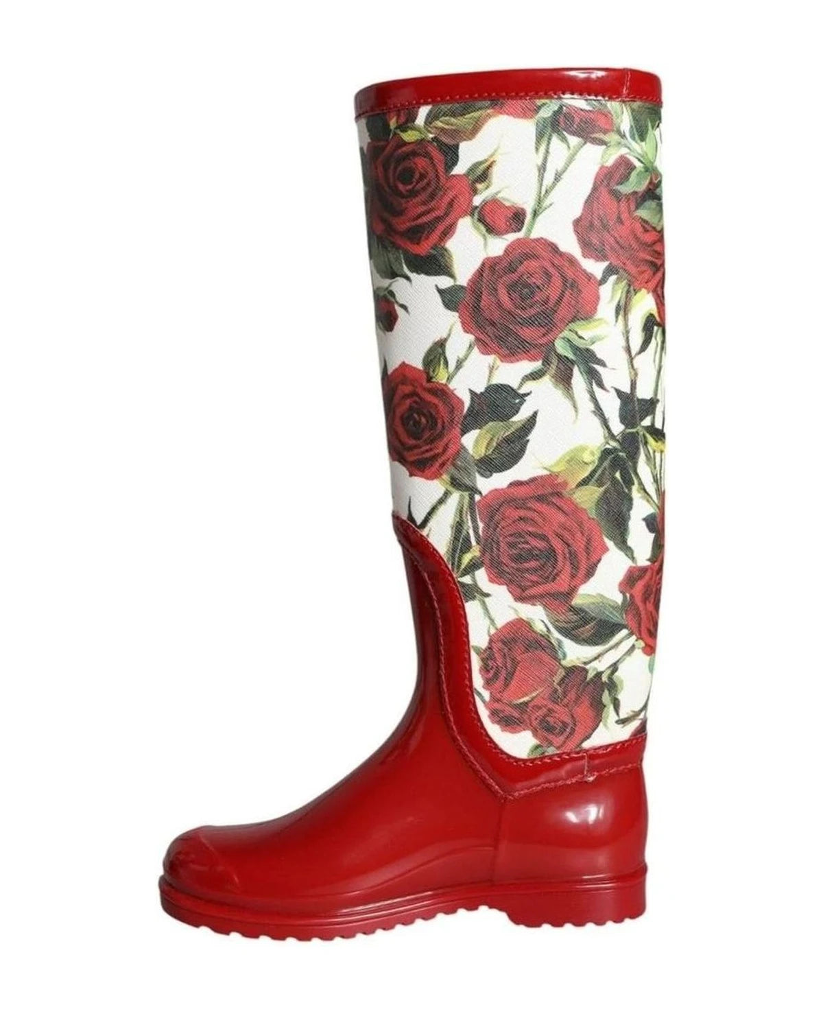 Dolce & Gabbana Red Floral Rubber Knee High Flat Boots Shoes Boots