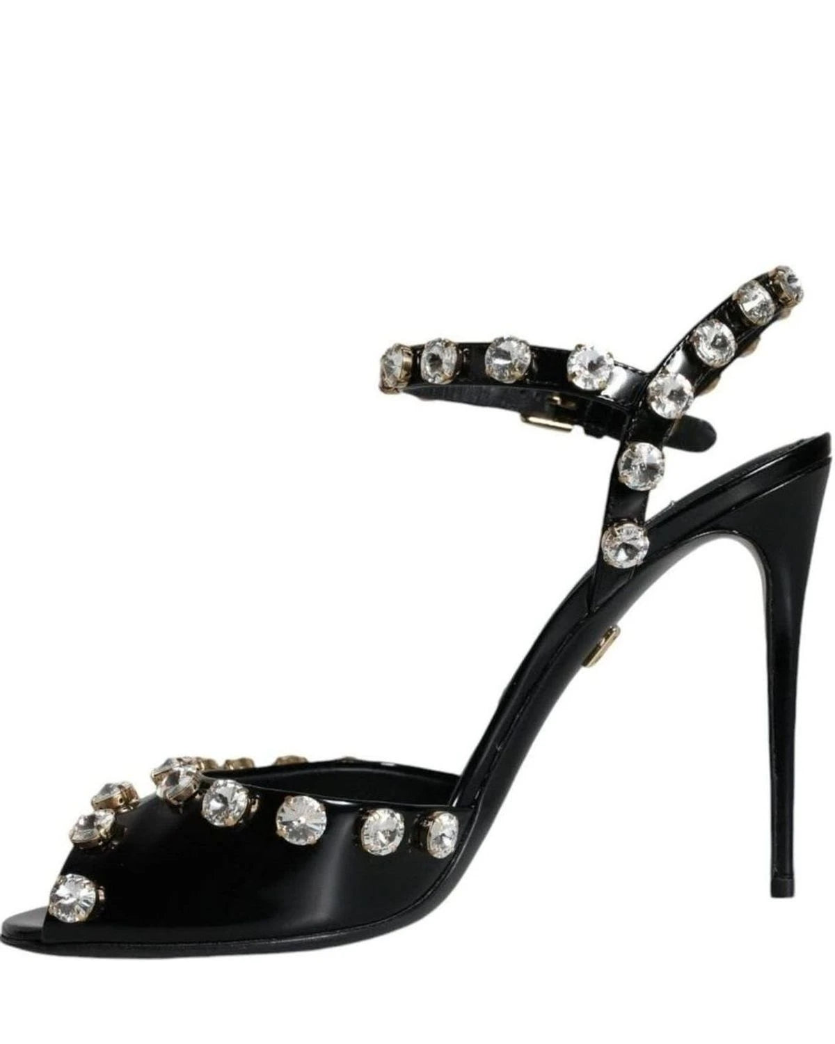 Dolce & Gabbana Black Leather Crystal Ankle Strap Sandals Shoes Heels