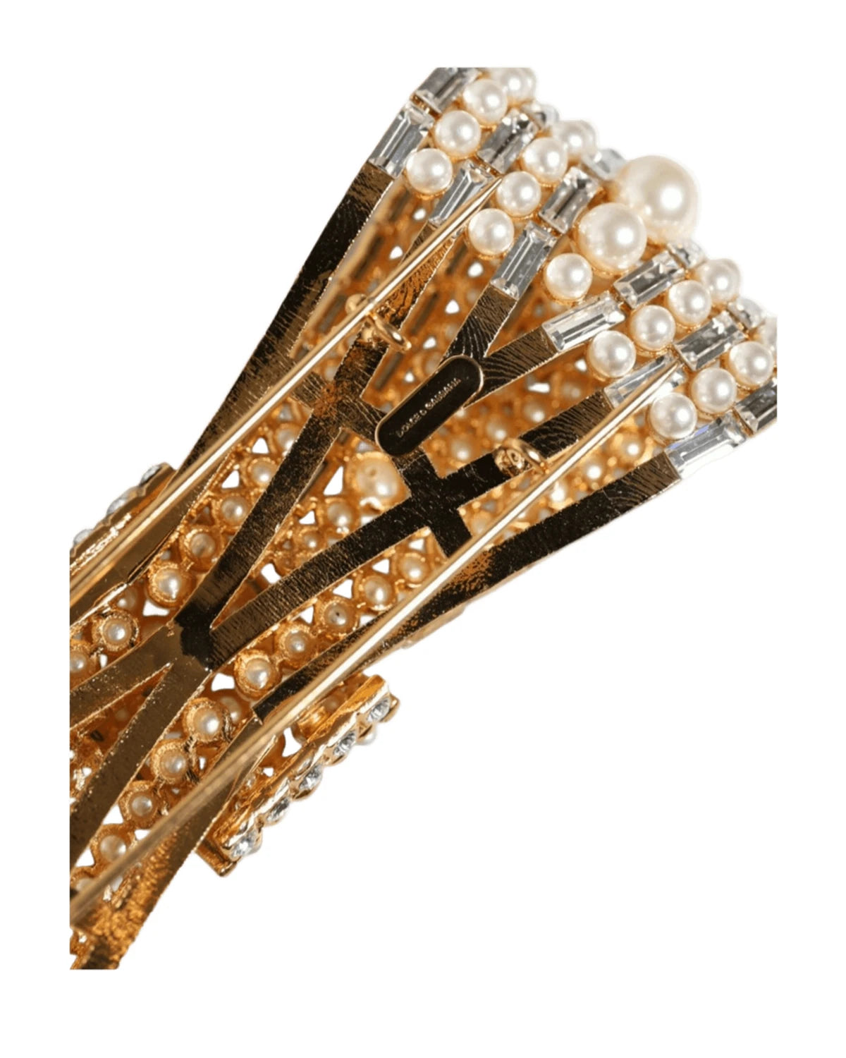 Dolce & Gabbana Gold Tone Brass Bow Crystal Fauxpearl Embellished Brooch Brooches & Lapel Pins
