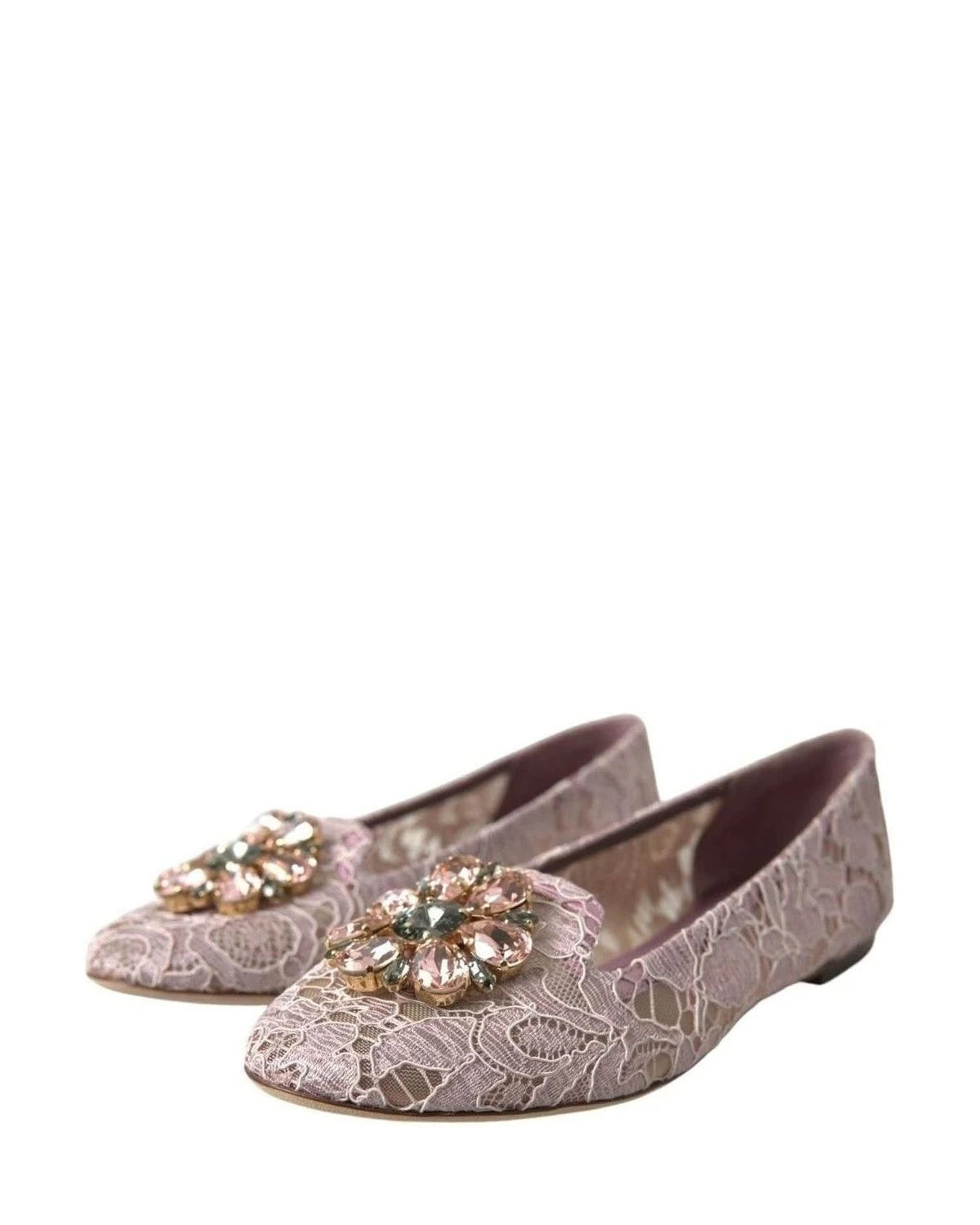 Dolce & Gabbana Pink Lace Crystal Ballet Flats Loafers Shoes Flats