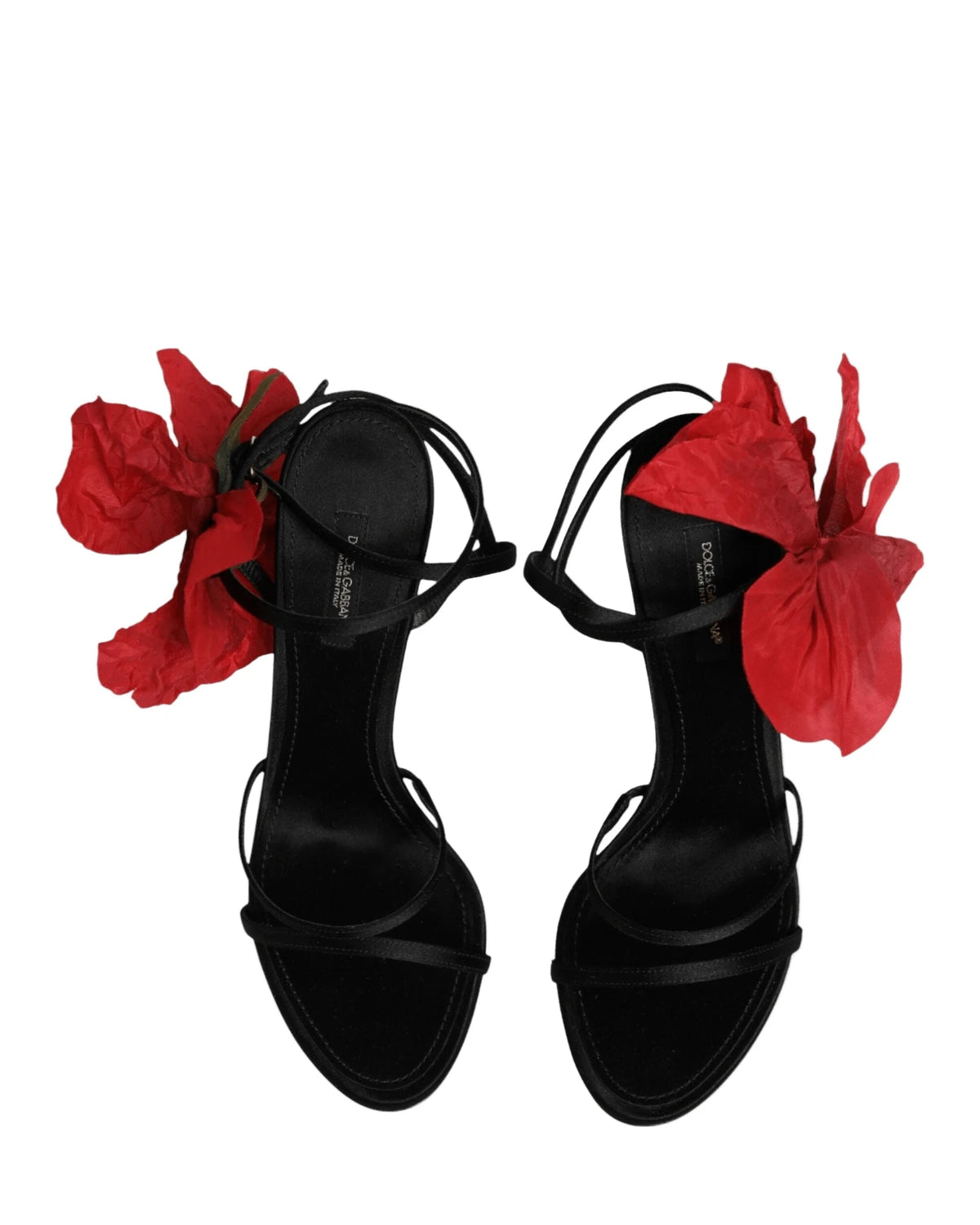 Dolce & Gabbana Black Leather Strappy Flower Heels Sandals Shoes Heels