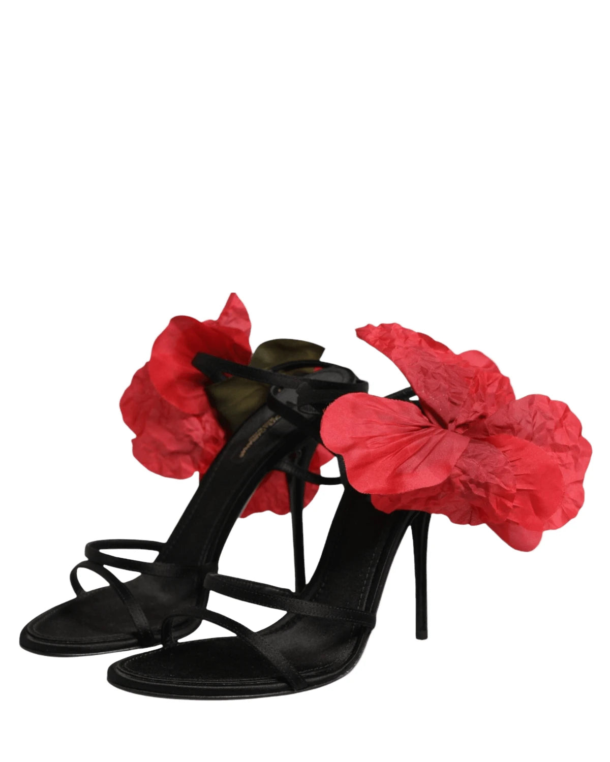 Dolce & Gabbana Black Leather Strappy Flower Heels Sandals Shoes Heels