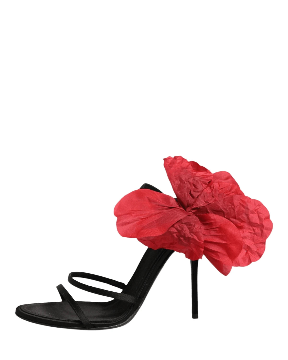 Dolce & Gabbana Black Leather Strappy Flower Heels Sandals Shoes Heels