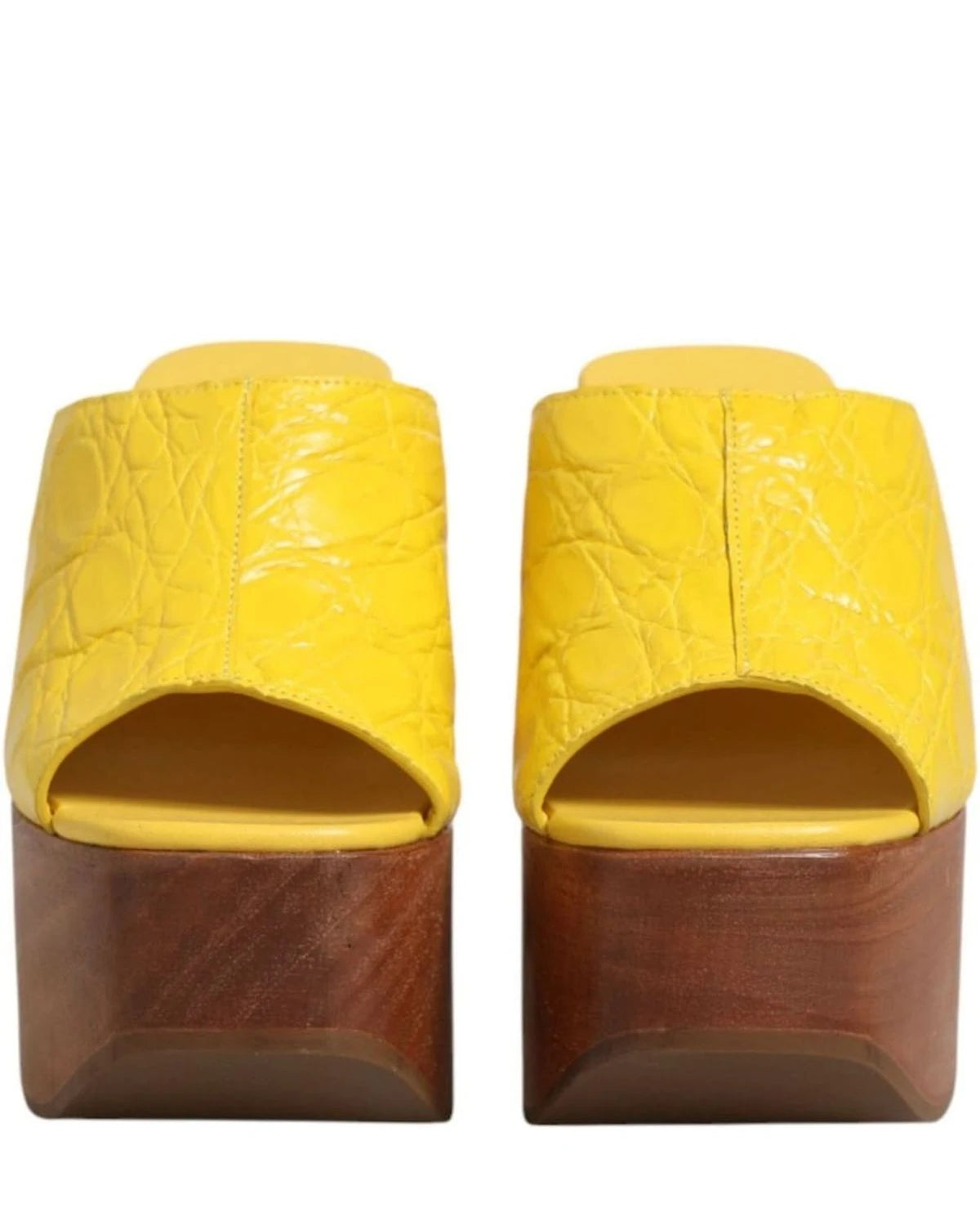 Dolce & Gabbana Yellow Leather Wood Mule Wedge Slides Shoes Sandals