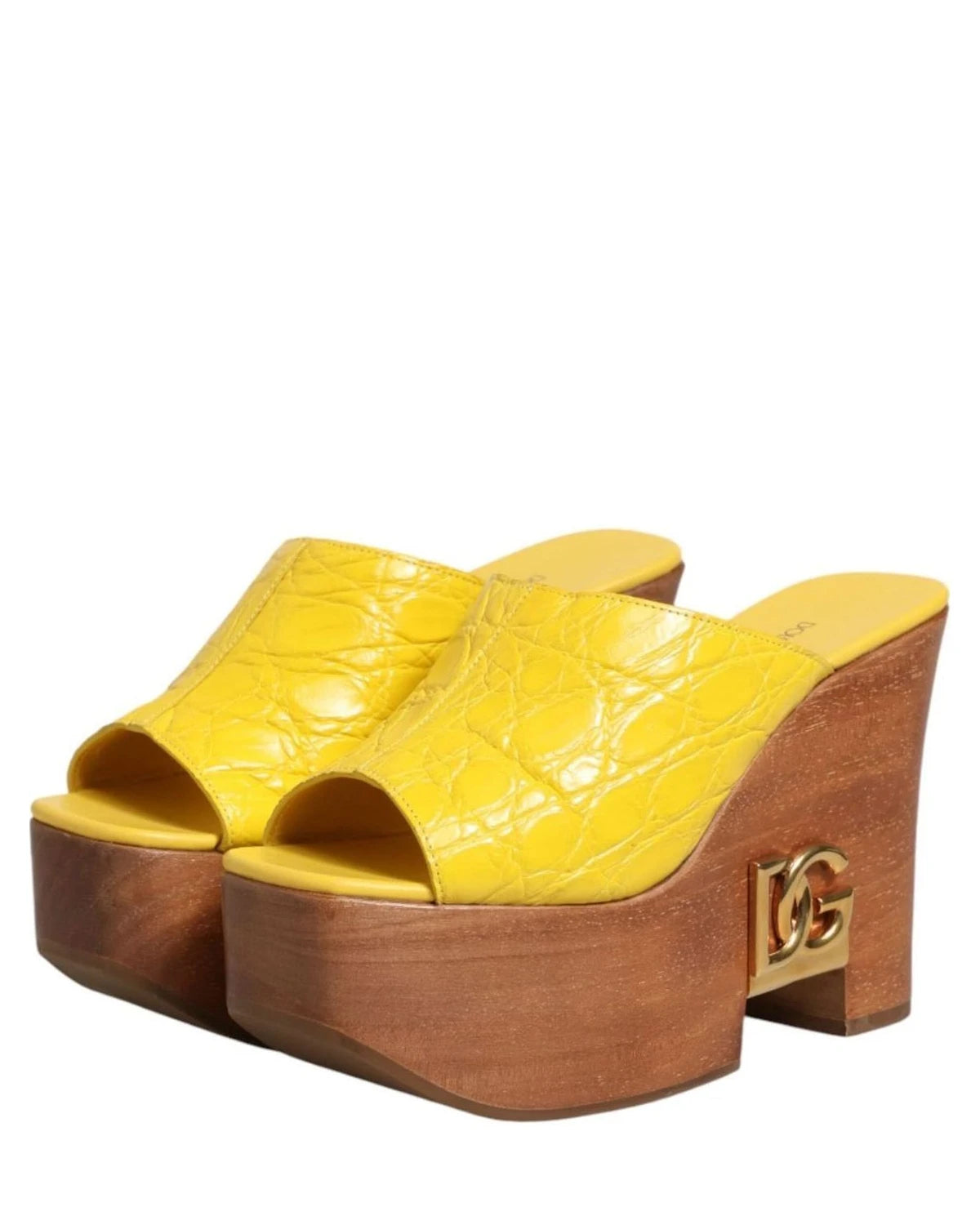 Dolce & Gabbana Yellow Leather Wood Mule Wedge Slides Shoes Sandals