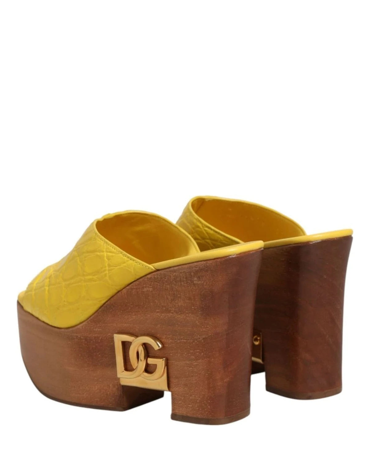 Dolce & Gabbana Yellow Leather Wood Mule Wedge Slides Shoes Sandals