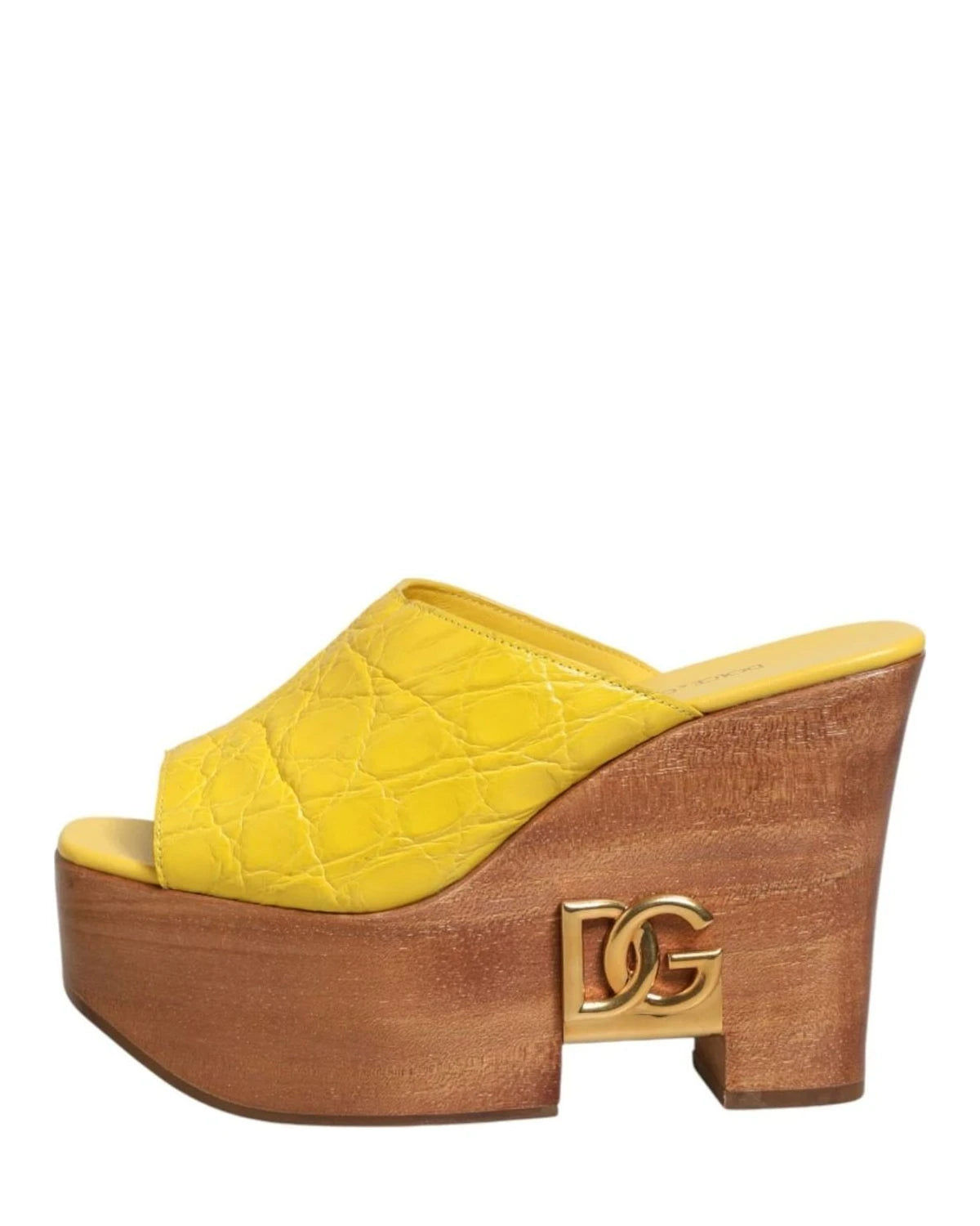 Dolce & Gabbana Yellow Leather Wood Mule Wedge Slides Shoes Sandals