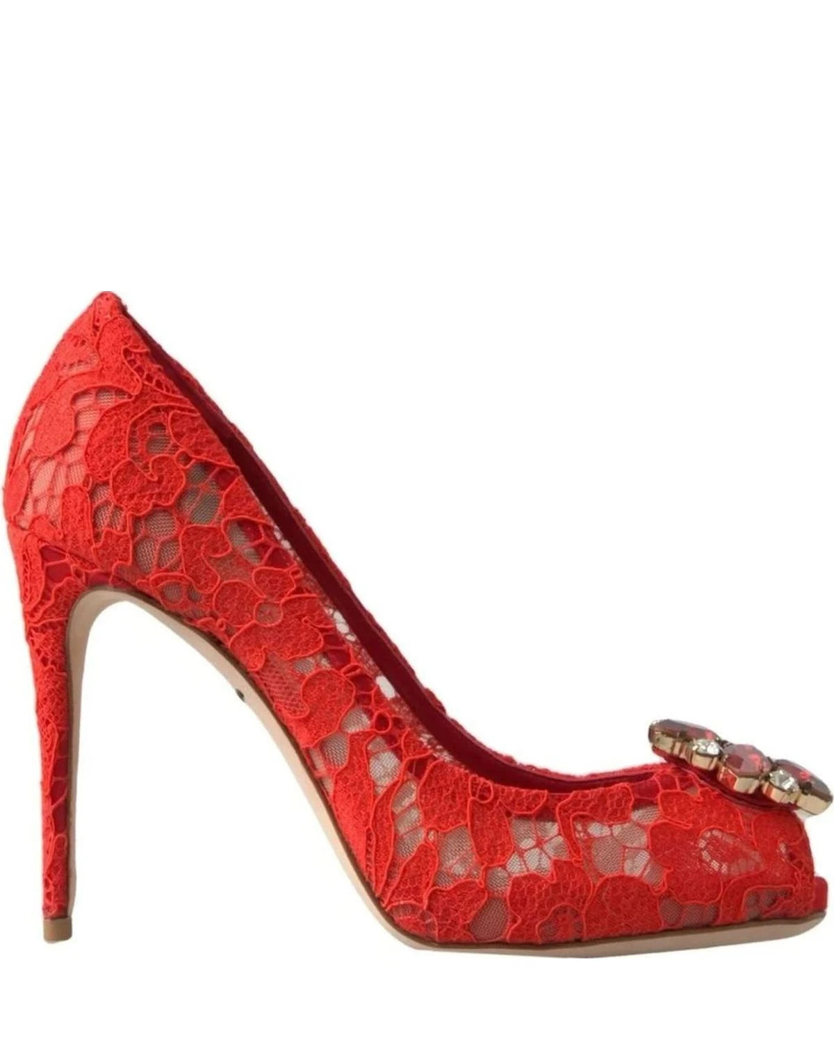 Dolce & Gabbana Red Lace Taormina Crystal Heels Pumps Shoes Heels