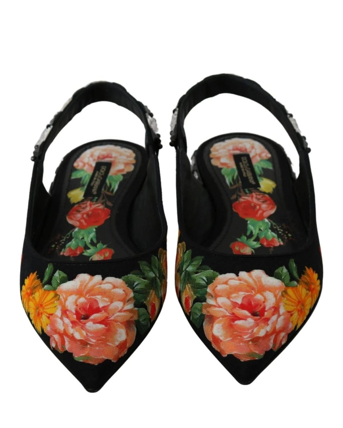 Dolce & Gabbana Black Floral Crystal Slingbacks Flats Flats