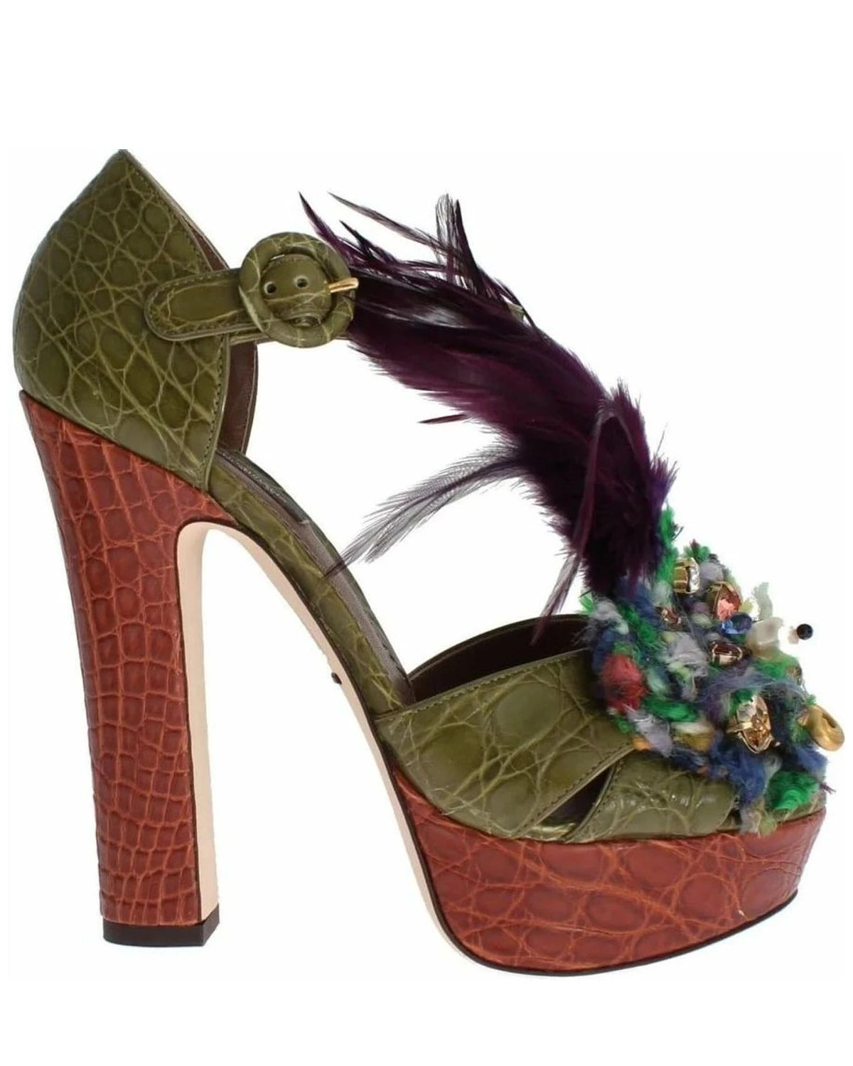 Dolce & Gabbana Green Leather Crystal Platform Sandals Heels