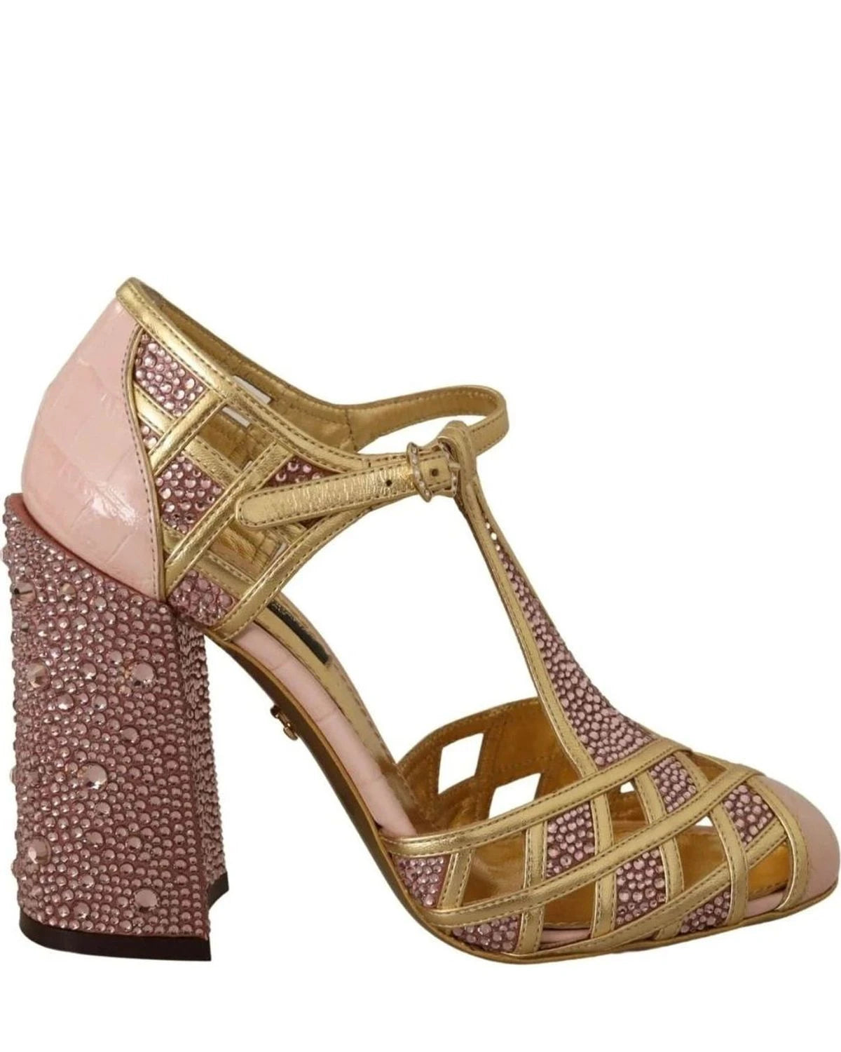 Dolce & Gabbana Pink Leather Gold Crystal Pumps T Strap Shoes Heels