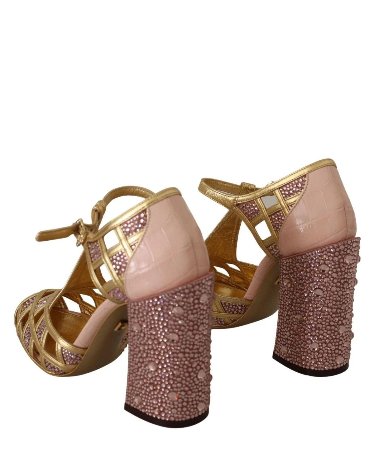 Dolce & Gabbana Pink Leather Gold Crystal Pumps T Strap Shoes Heels