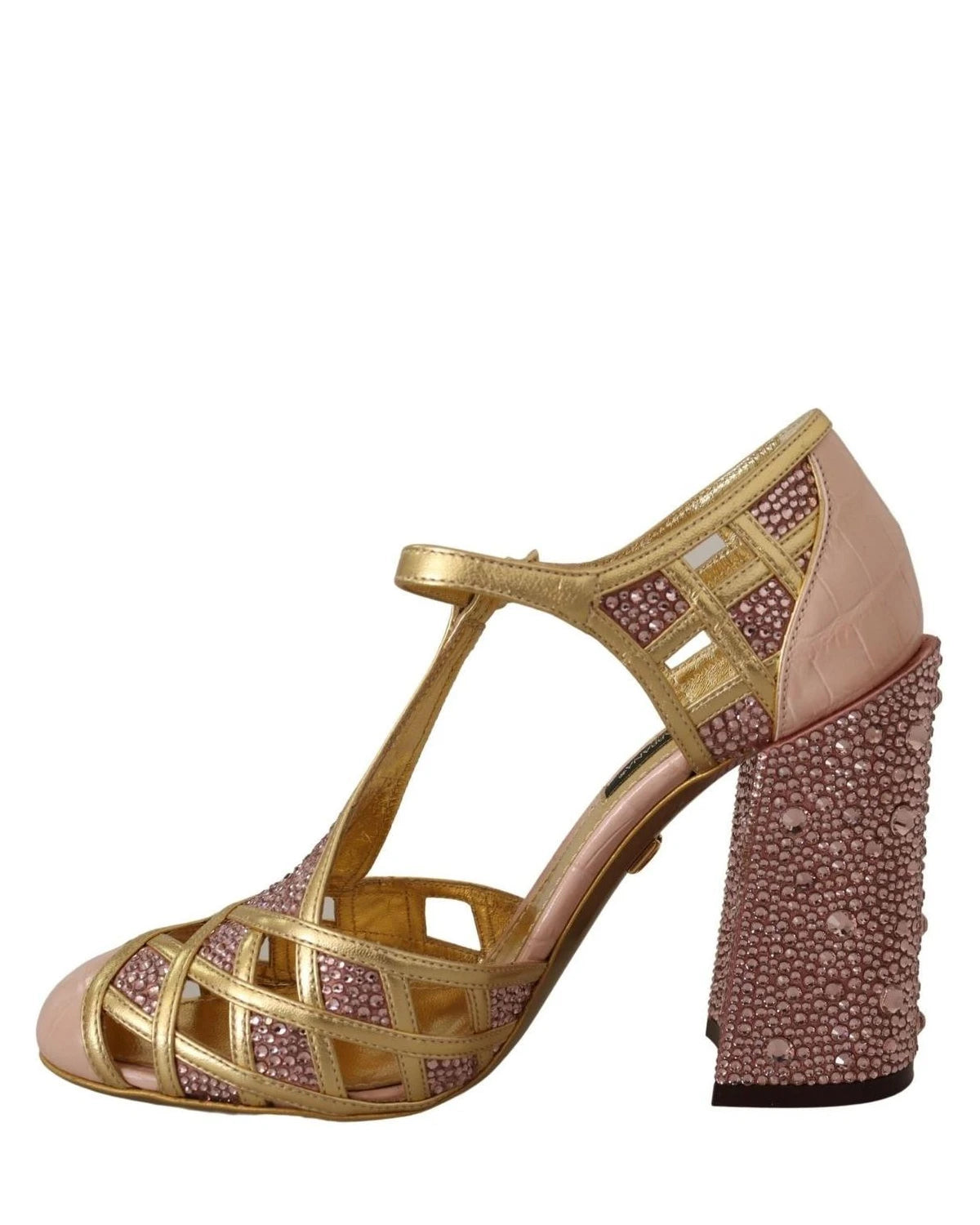 Dolce & Gabbana Pink Leather Gold Crystal Pumps T Strap Shoes Heels
