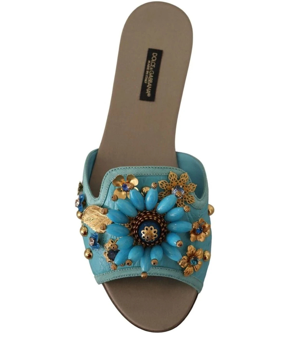 Dolce & Gabbana Blue Leather Crystal Exotic Sandals Flats