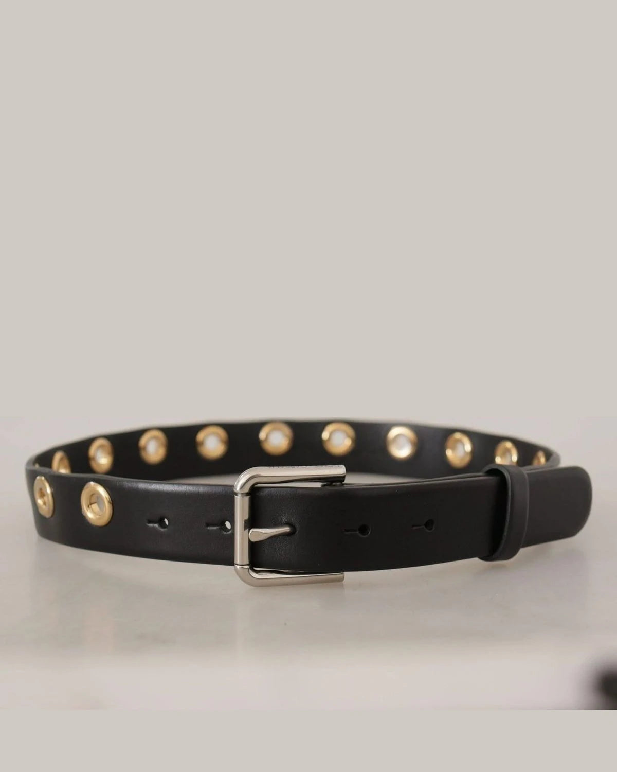 Dolce & Gabbana Black Leather Eyelet Silver Tone Metal Buckle Belt Belts