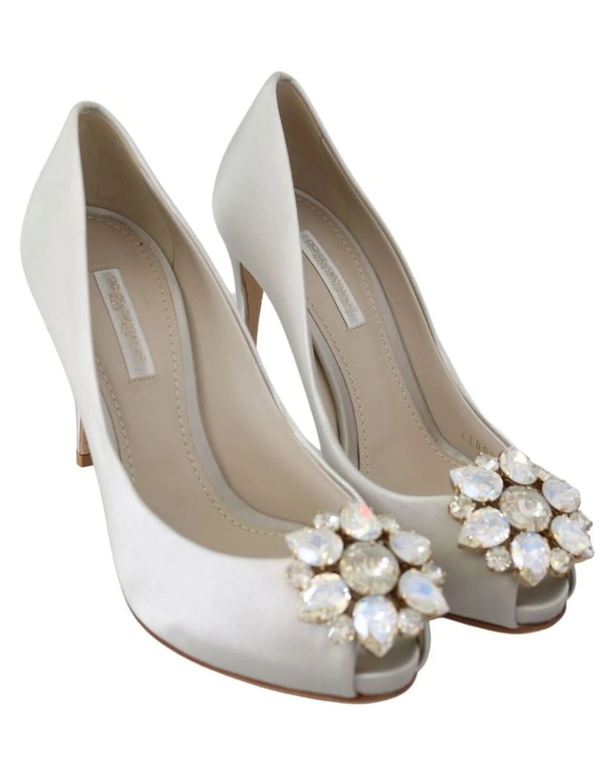 Dolce & Gabbana White Satin Crystals Peep Toe Heels Heels
