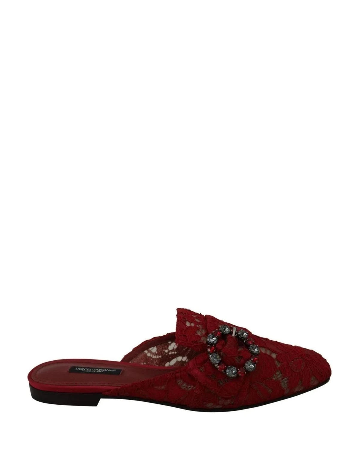 Dolce & Gabbana Red Lace Crystal Slide On Flats Shoes Flats
