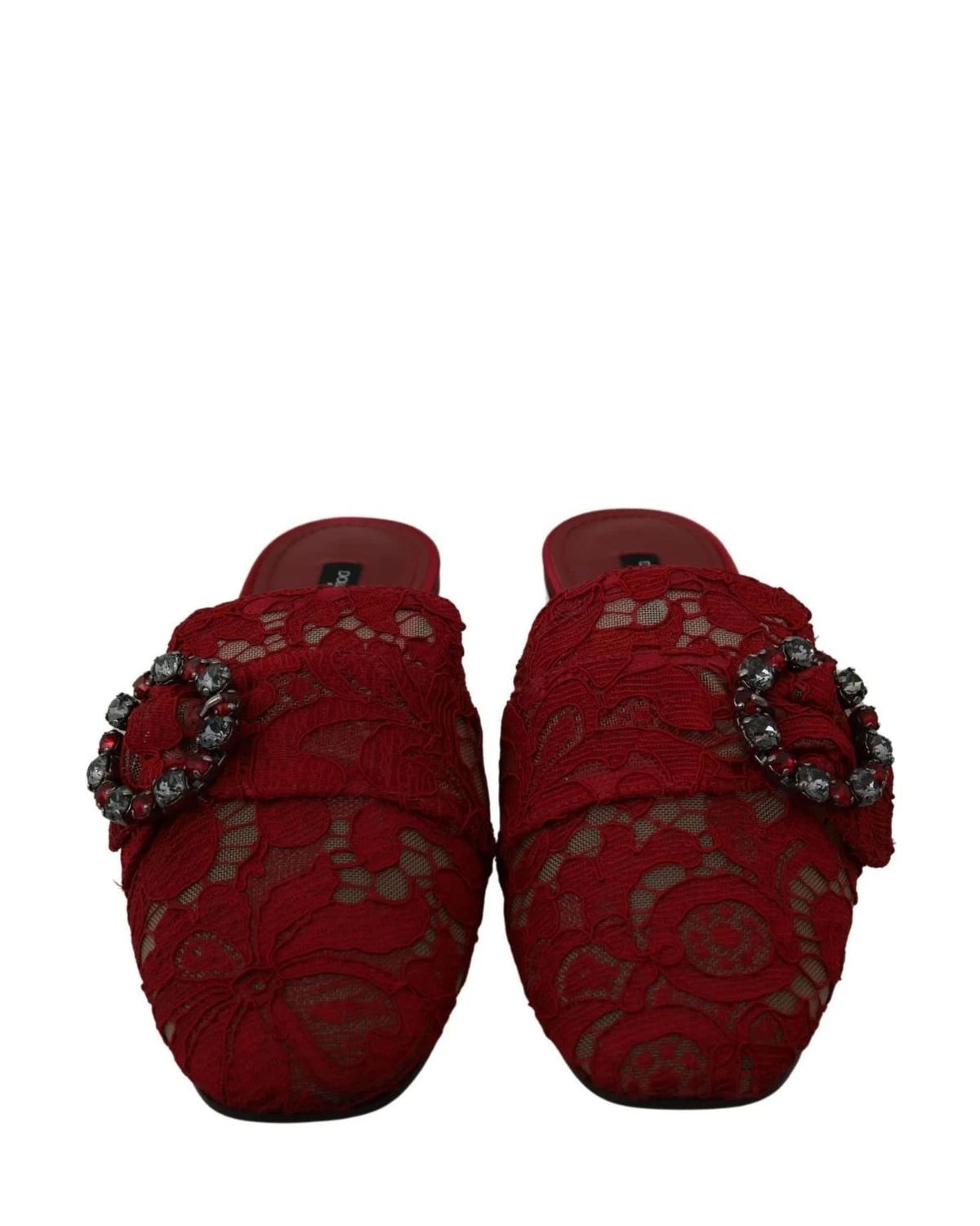 Dolce & Gabbana Red Lace Crystal Slide On Flats Shoes Flats