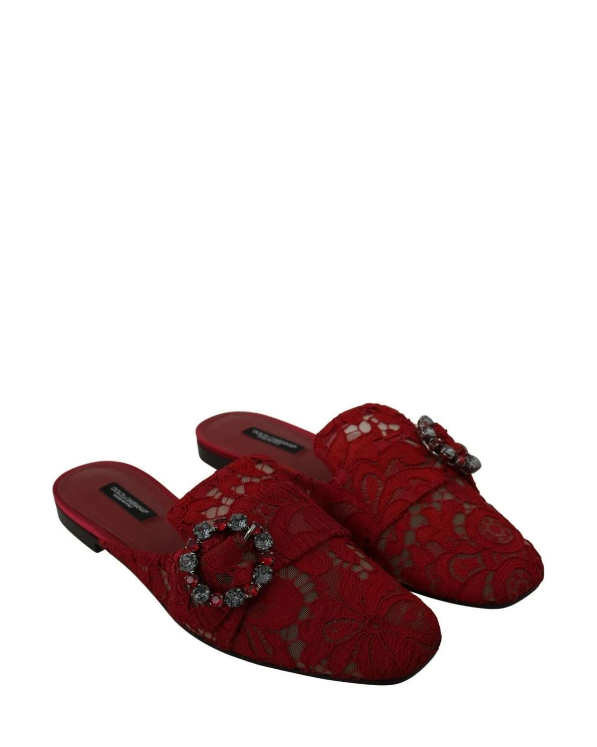 Dolce & Gabbana Red Lace Crystal Slide On Flats Shoes Flats