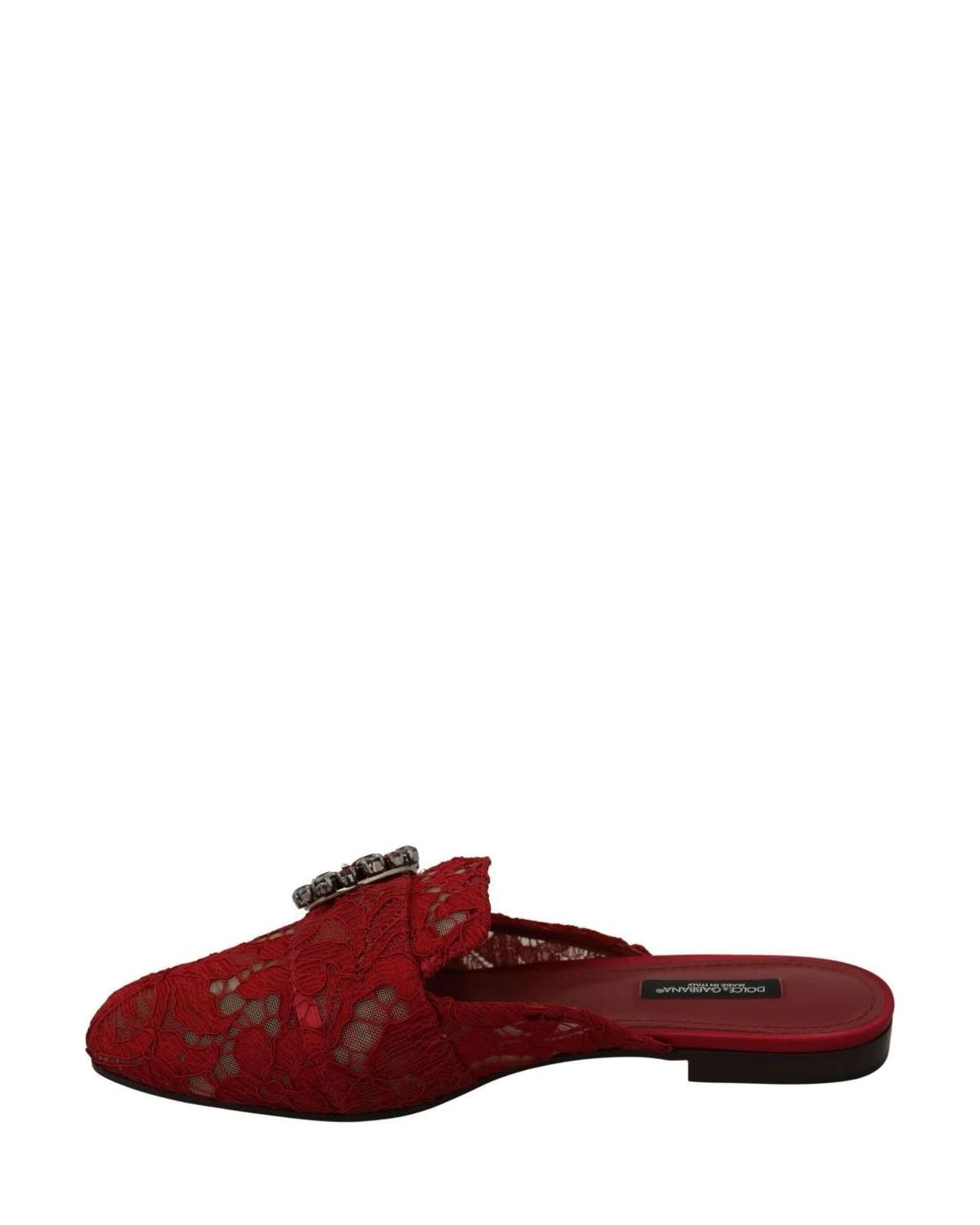 Dolce & Gabbana Red Lace Crystal Slide On Flats Shoes Flats