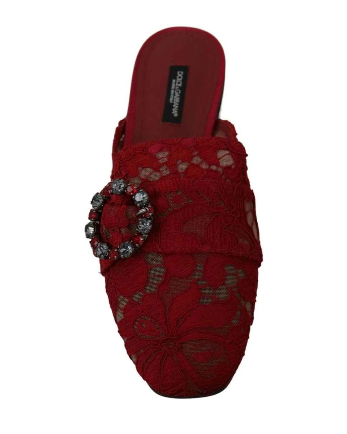 Dolce & Gabbana Red Lace Crystal Slide On Flats Shoes Flats