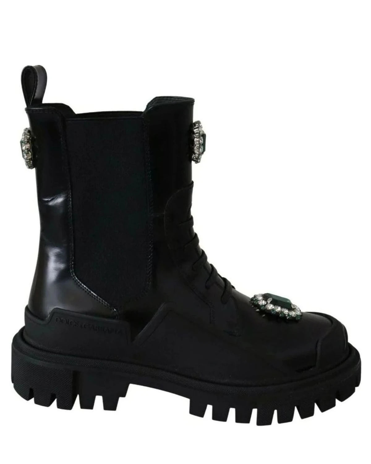Dolce & Gabbana Black Leather Crystal Combat Boots Boots
