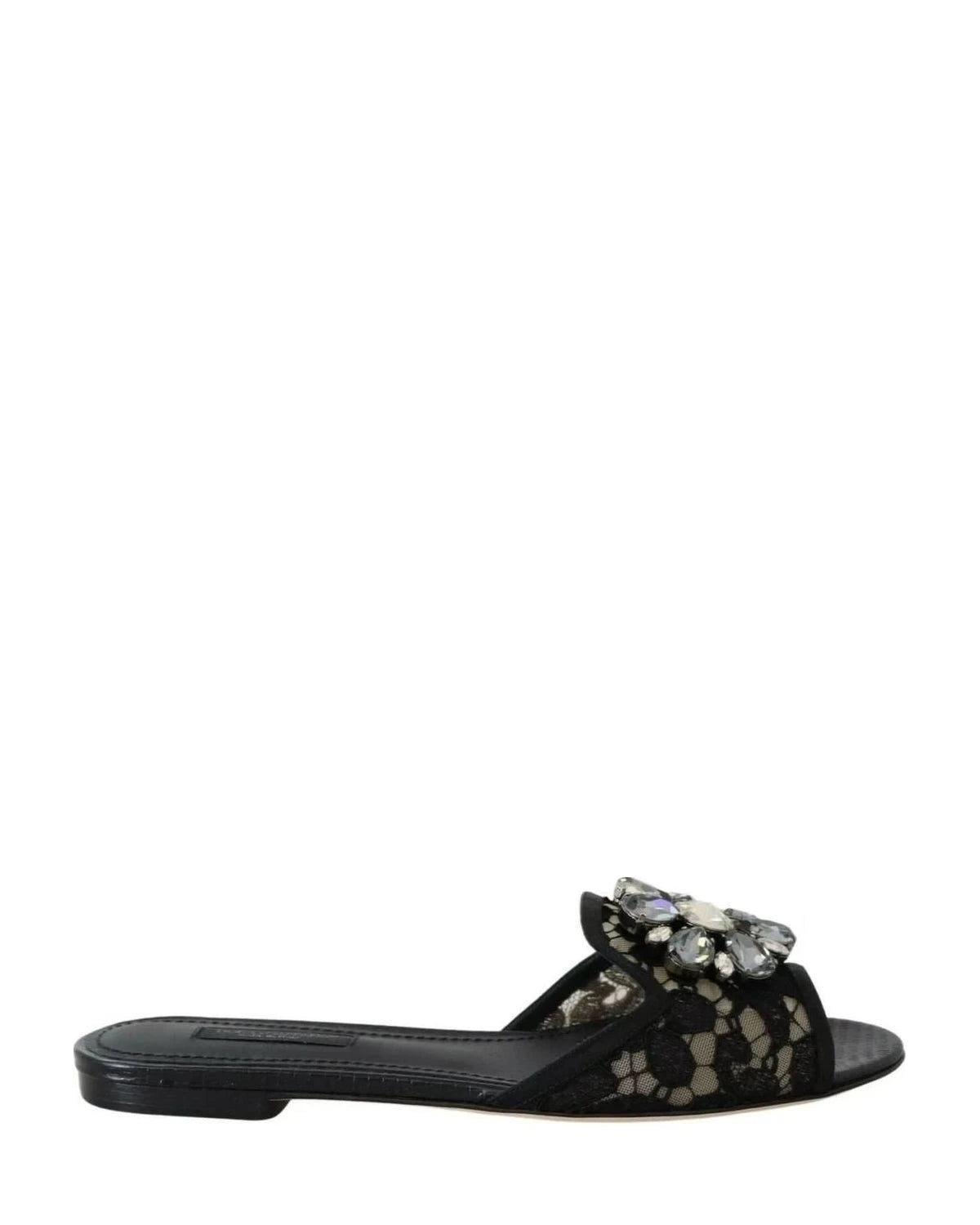 Dolce & Gabbana Black Lace Taormina Slides Crystals Flats Shoes Flats